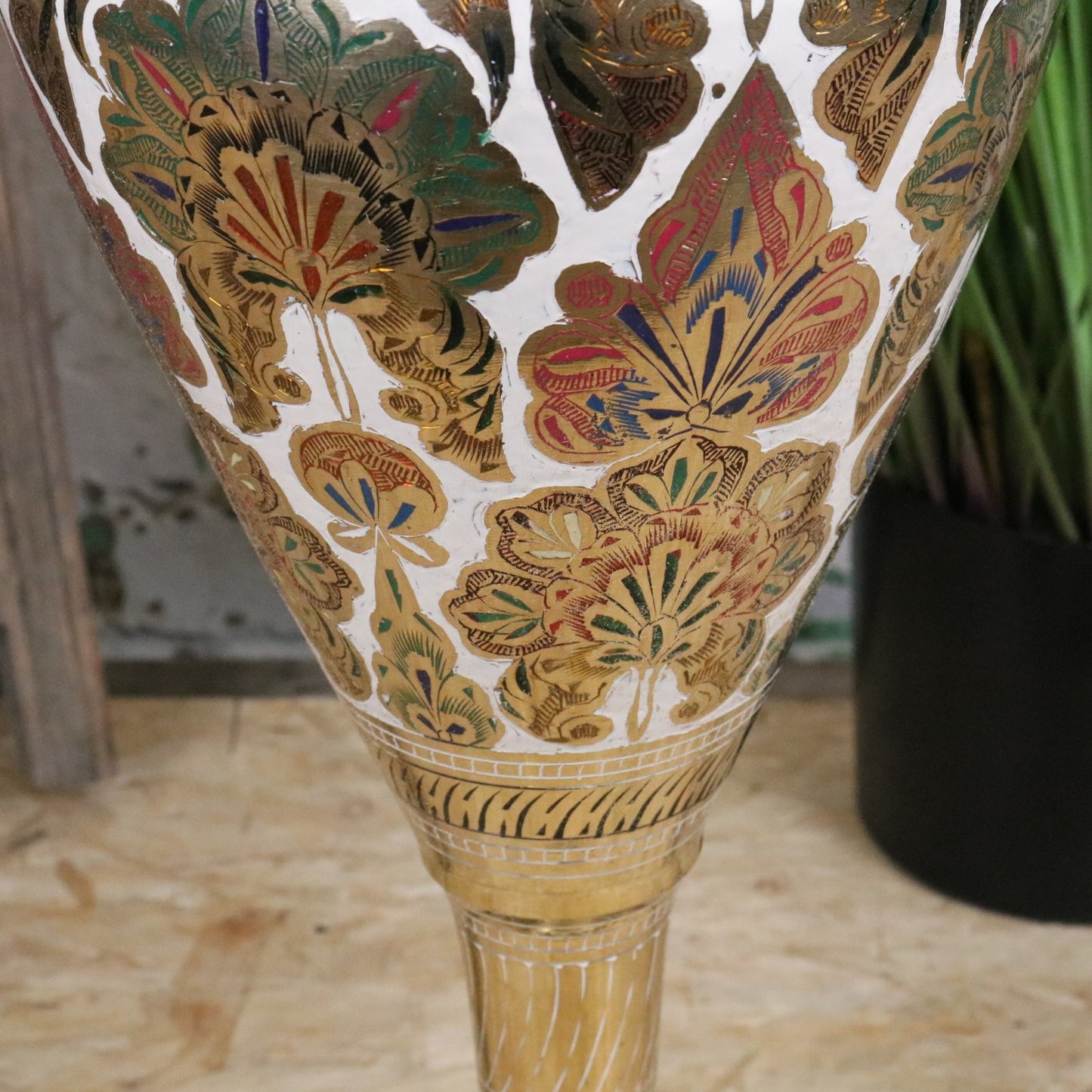 Vintage 77cm Large Brass Vase Hand Painted and Etched - Closeup of Paintwork 2