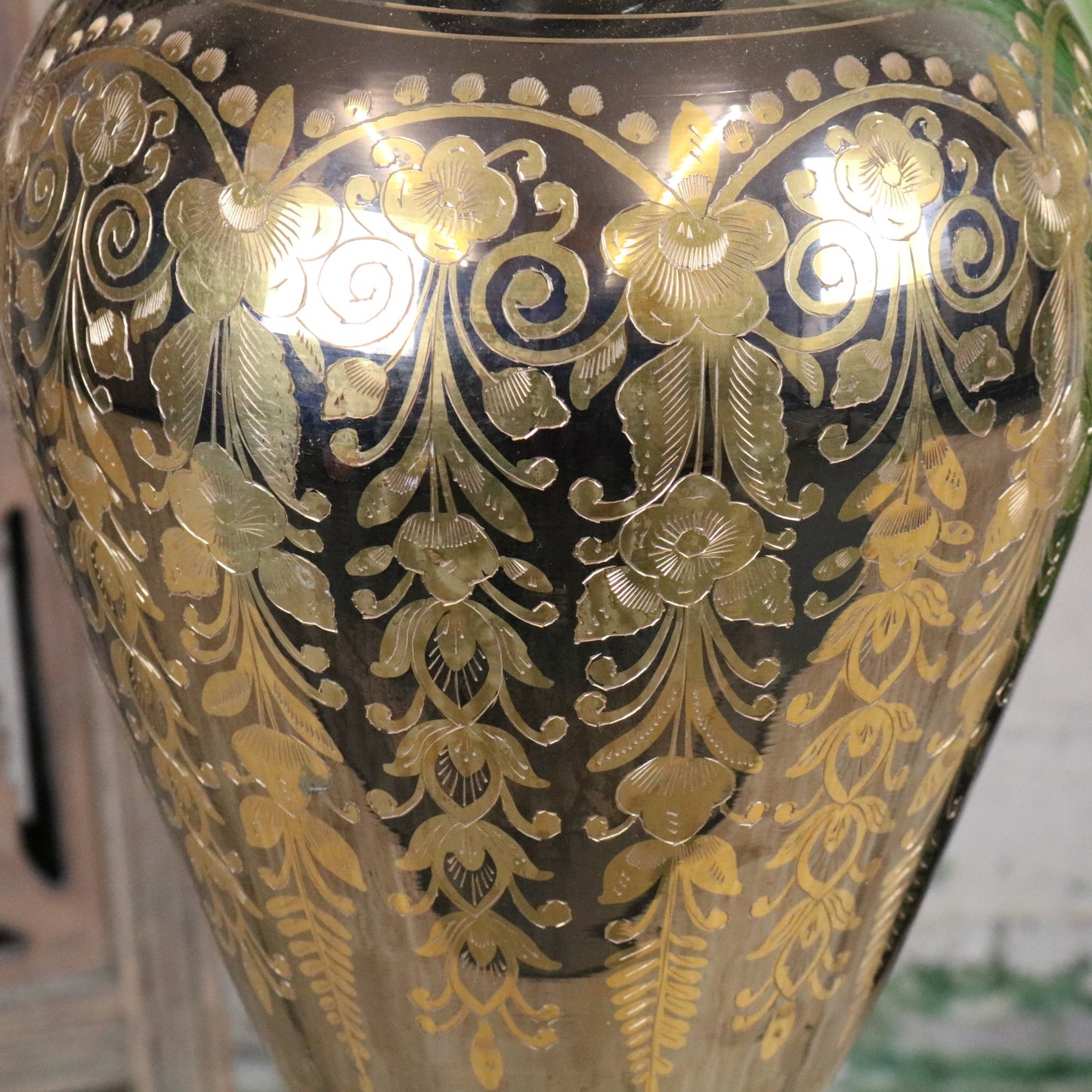 Vintage 90cm Large Brass Vase Hand Etched - Closeup of Middle Section