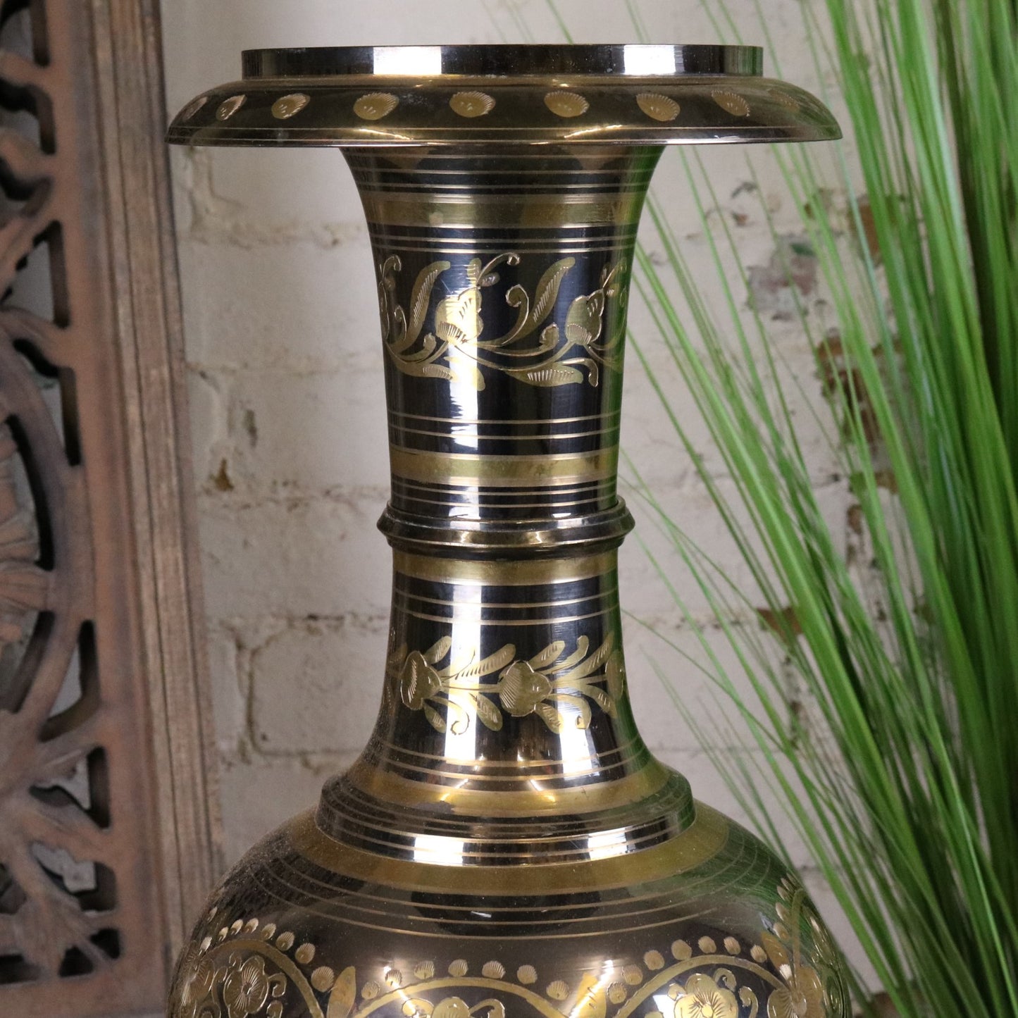 Vintage 90cm Large Brass Vase Hand Etched - Closeup of Top Half