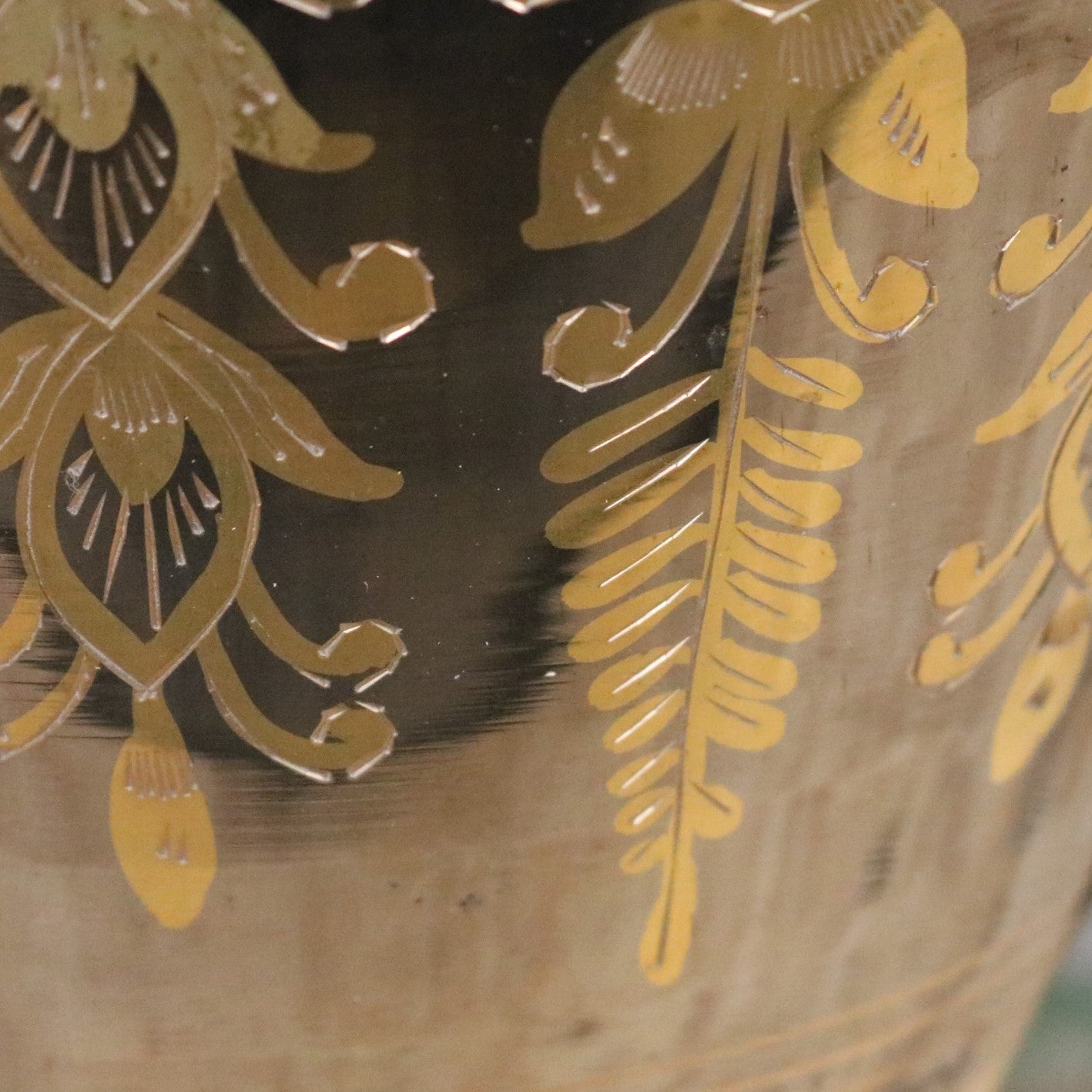 Vintage 90cm Large Brass Vase Hand Etched - Closeup of Etching 2