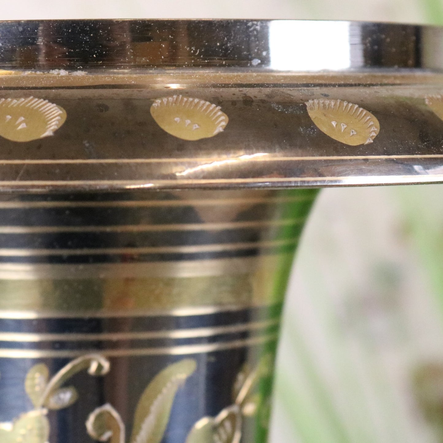 Vintage 90cm Large Brass Vase Hand Etched - Closeup of Etching on Rim