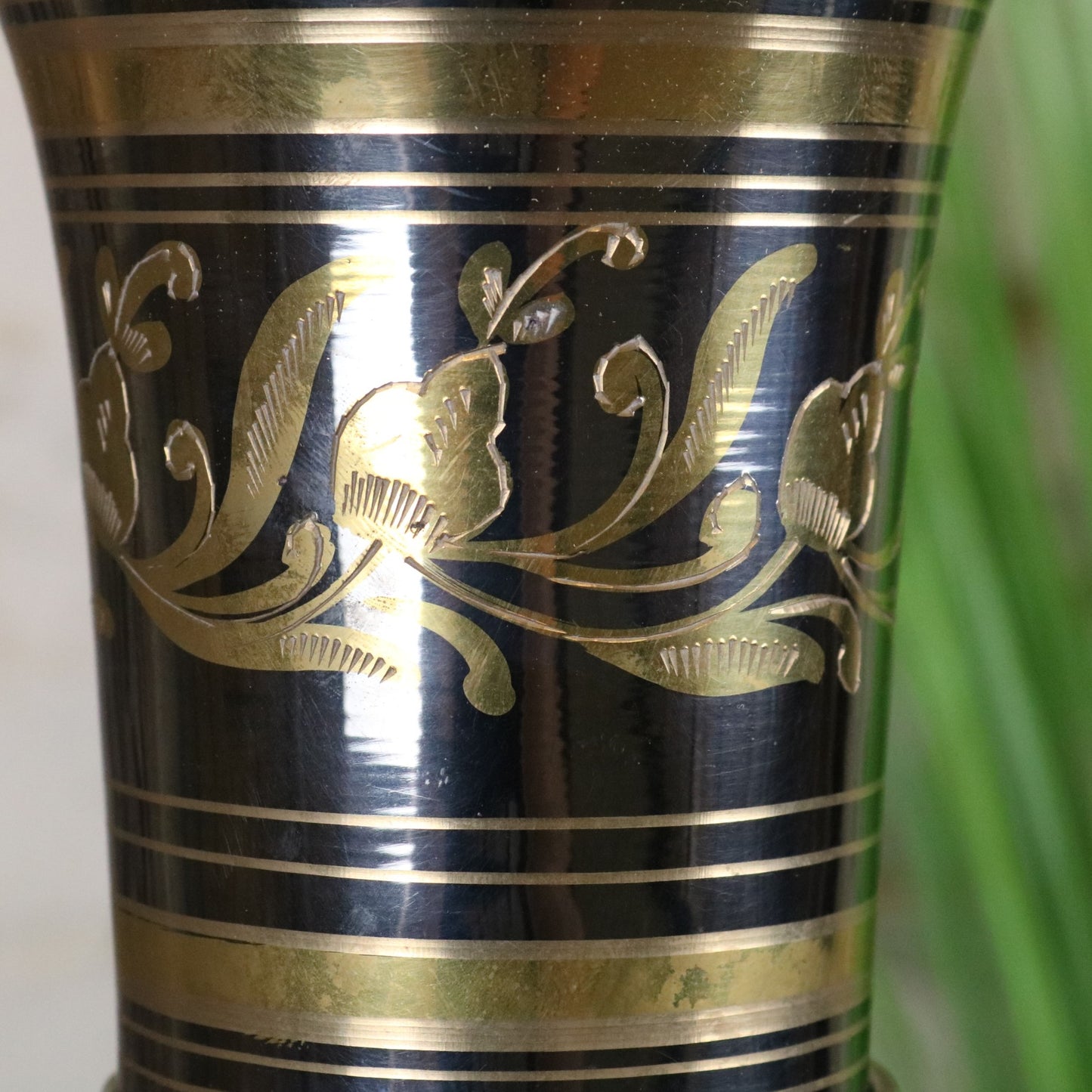 Vintage 90cm Large Brass Vase Hand Etched - Closeup of Etching on Neck