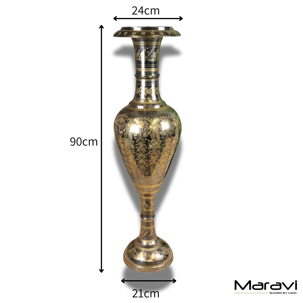 Vintage 90cm Large Brass Vase Hand Etched - Dimensions