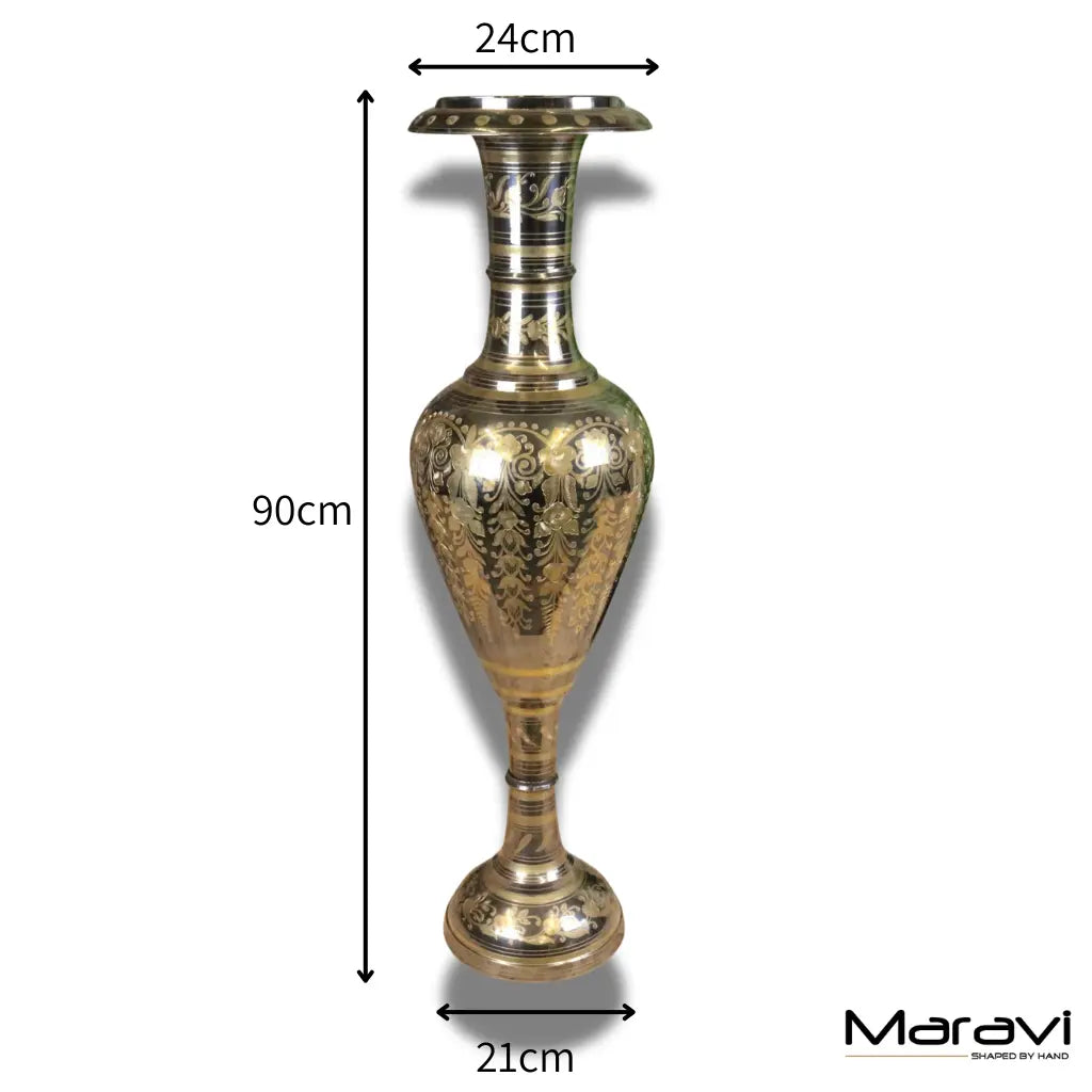 Vintage 90cm Large Brass Vase Hand Etched - Dimensions