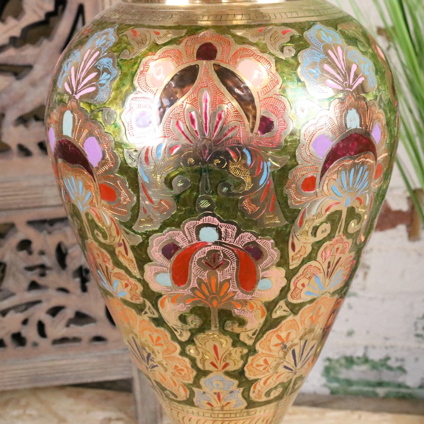 Vintage 92cm Large Brass Vase Hand Painted and Etched - Closeup of Middle section 2