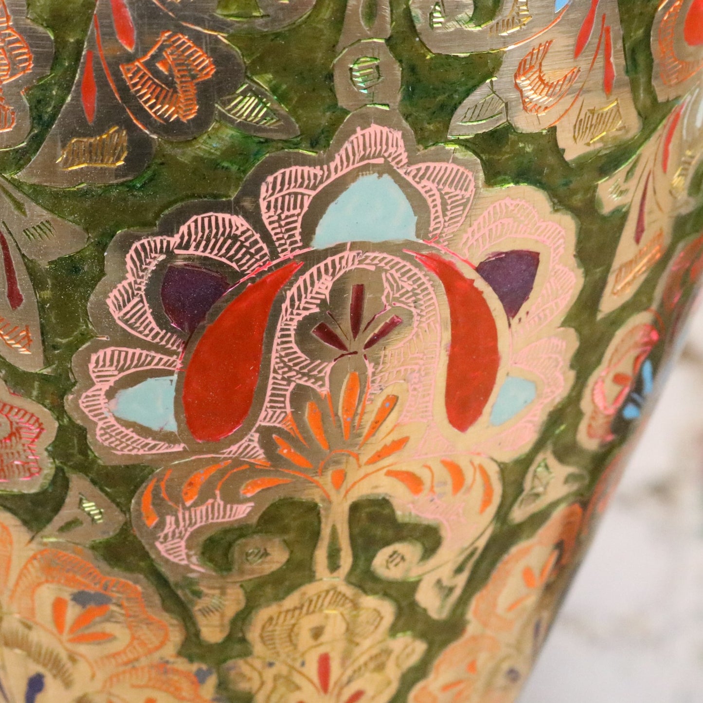 Vintage 92cm Large Brass Vase Hand Painted and Etched - Closeup of Paintwork 3