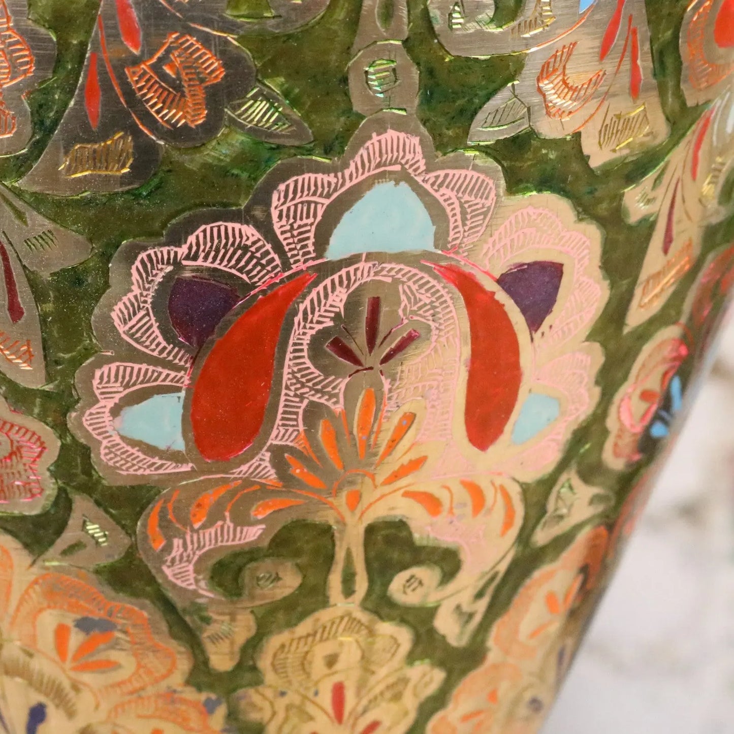 Vintage 92cm Large Brass Vase Hand Painted and Etched - Closeup of Paintwork 3