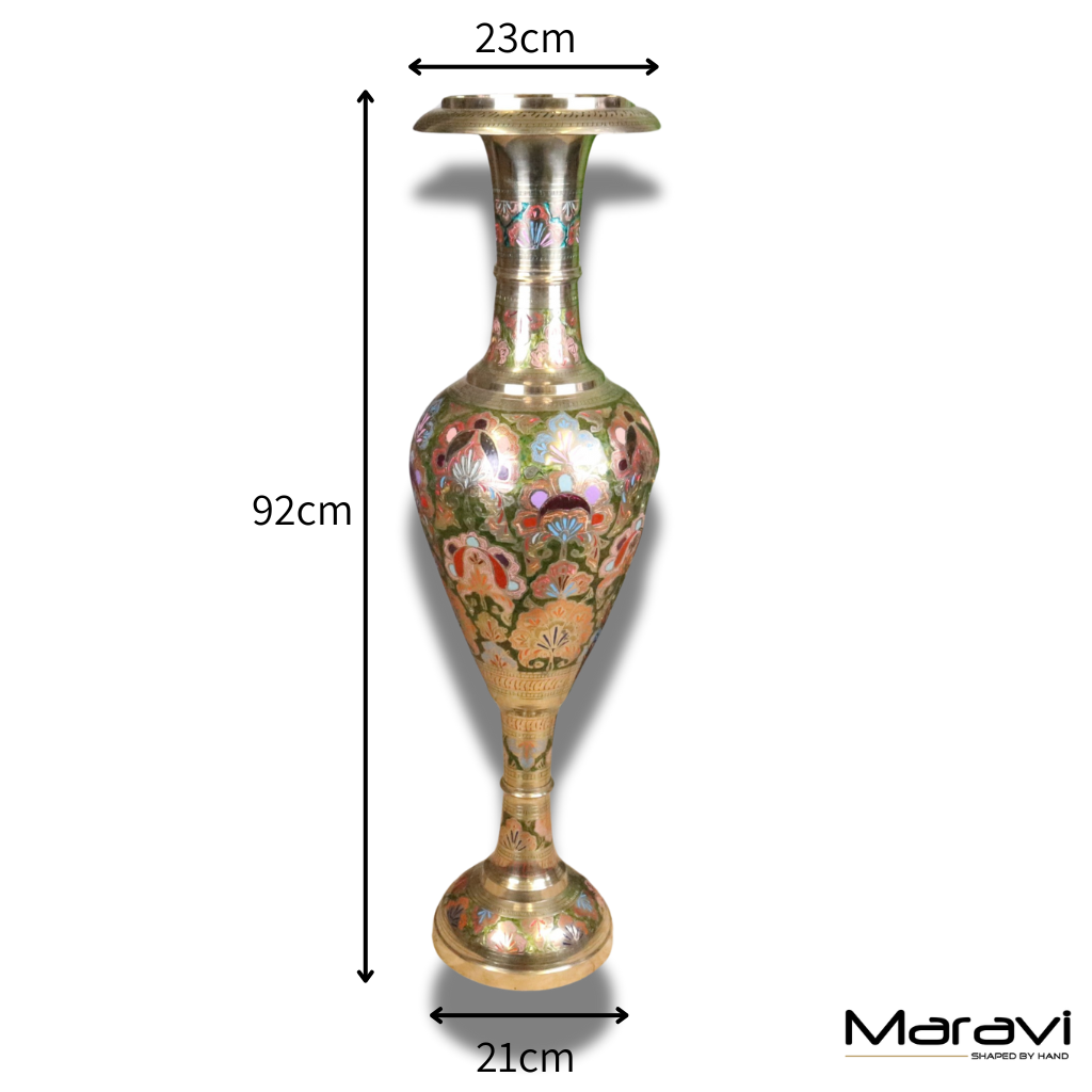 Vintage 92cm Large Brass Vase Hand Painted and Etched - Dimensions