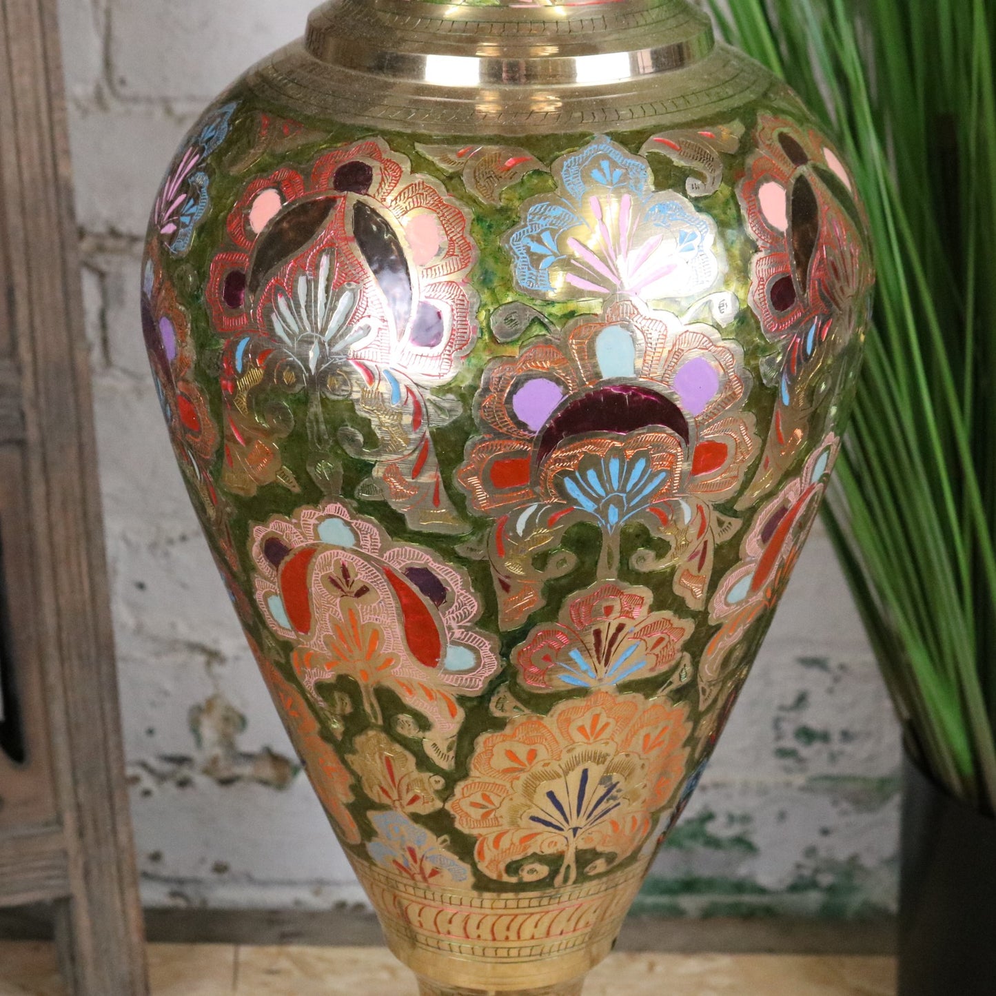 Vintage 92cm Large Brass Vase Hand Painted and Etched - Closeup of Middle Section