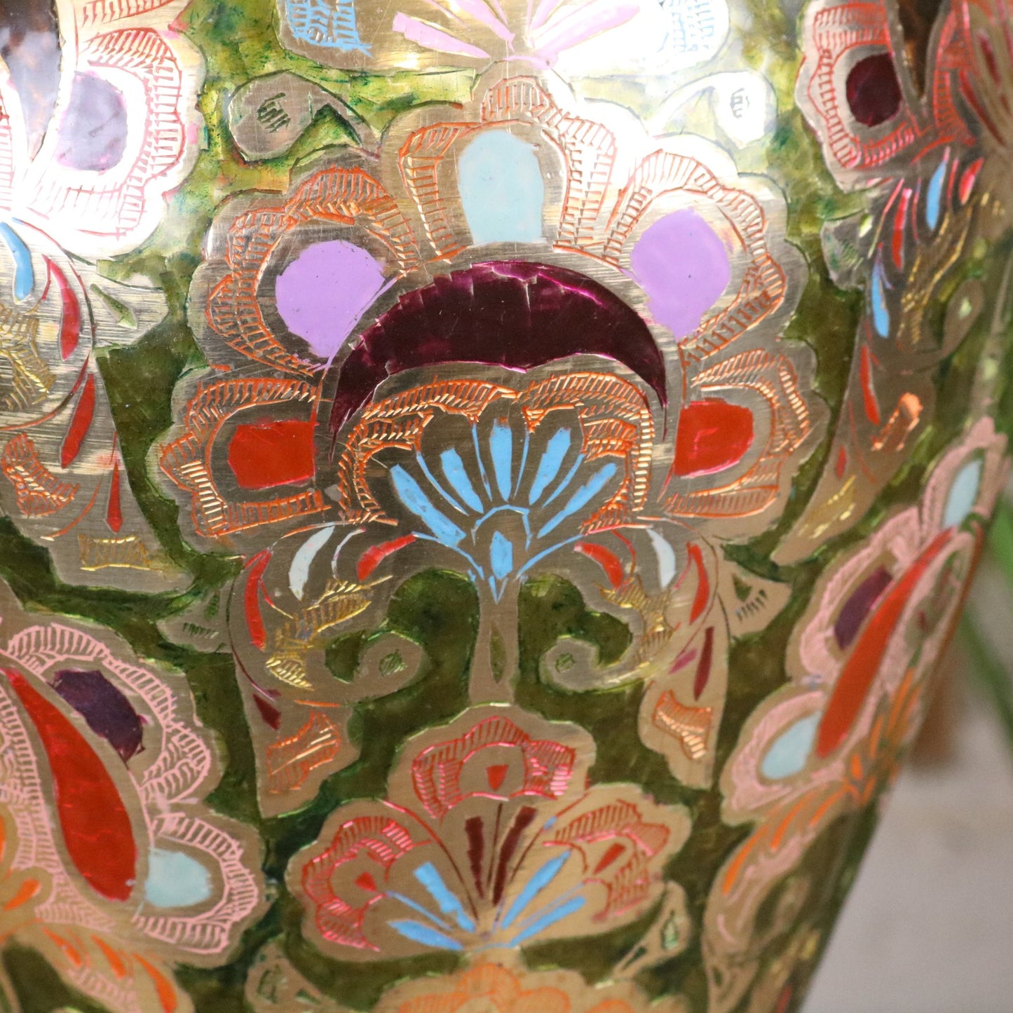 Vintage 92cm Large Brass Vase Hand Painted and Etched - Closeup of Paintwork
