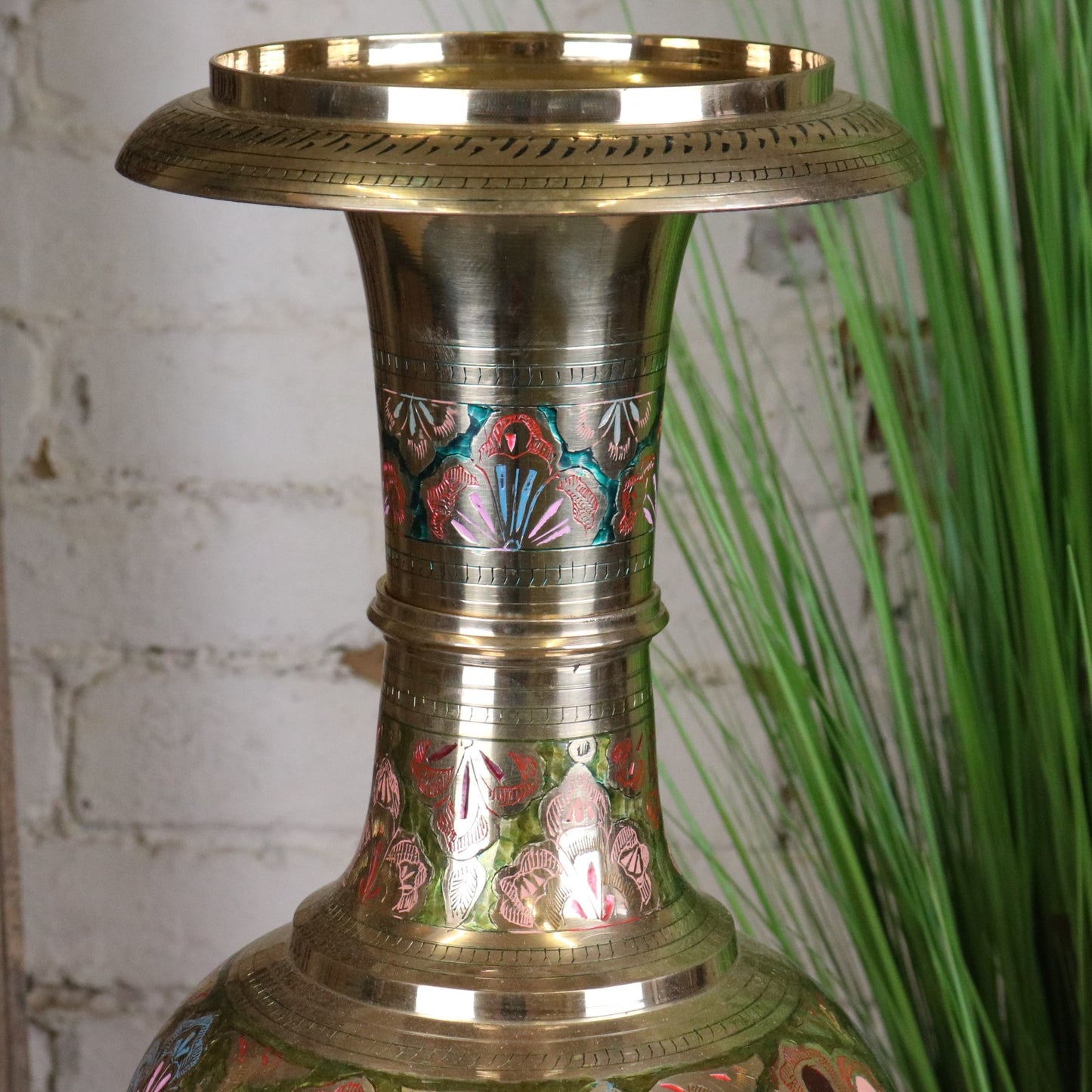 Vintage 92cm Large Brass Vase Hand Painted and Etched - Closeup of neck