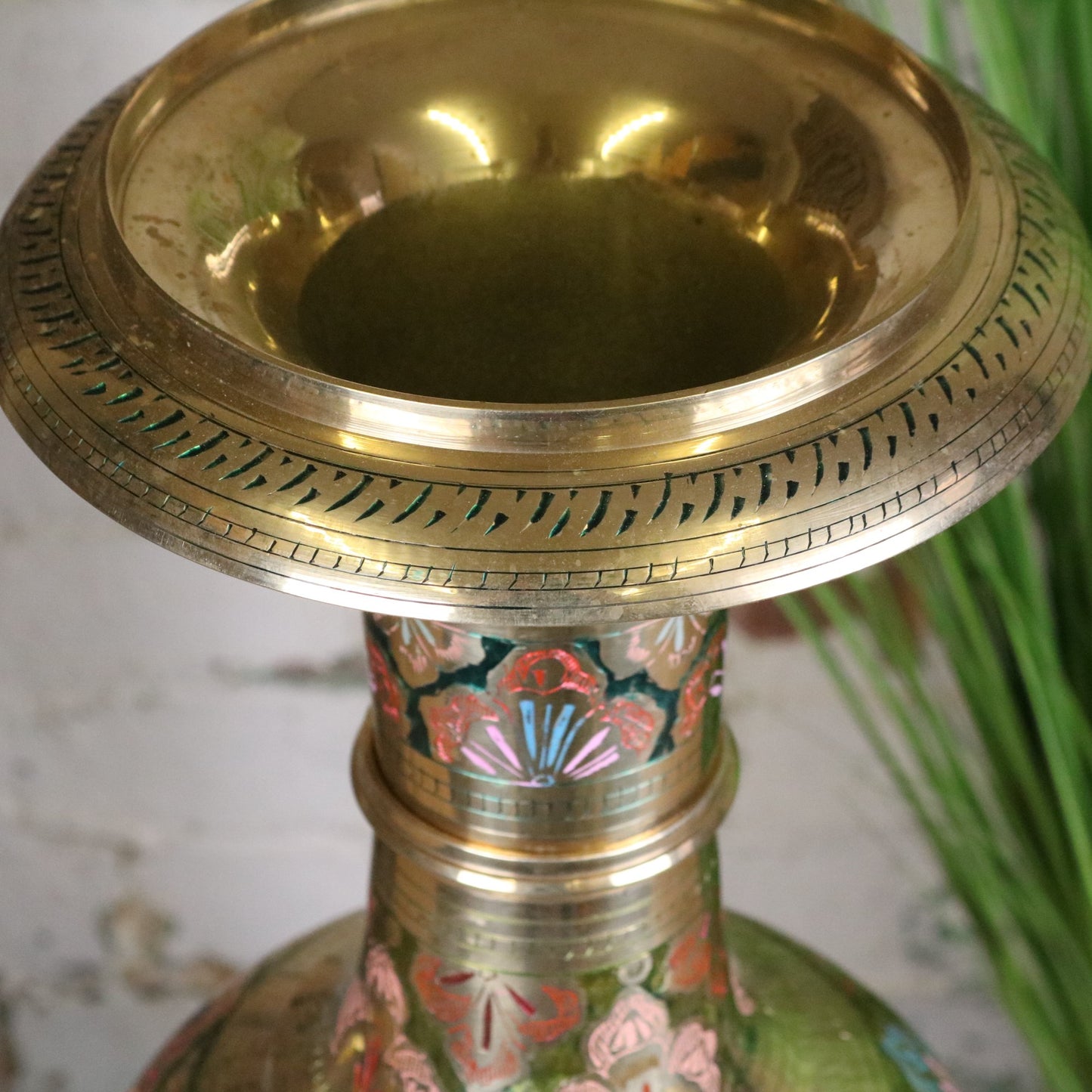 Vintage 92cm Large Brass Vase Hand Painted and Etched - Closeup of Rim