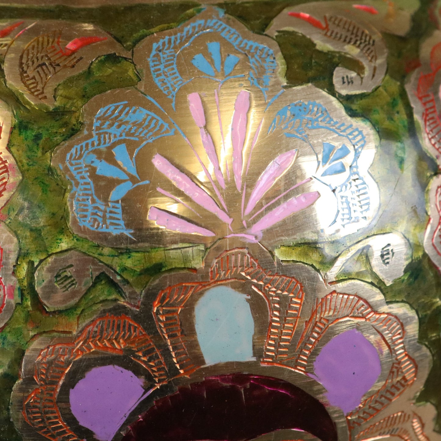 Vintage 92cm Large Brass Vase Hand Painted and Etched - Closeup of Paintwork 2