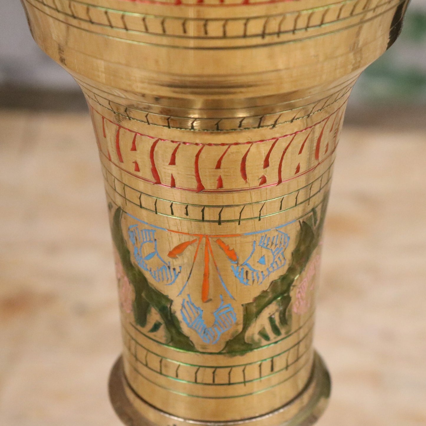 Vintage 92cm Large Brass Vase Hand Painted and Etched - Closeup of Paintwork on Neck