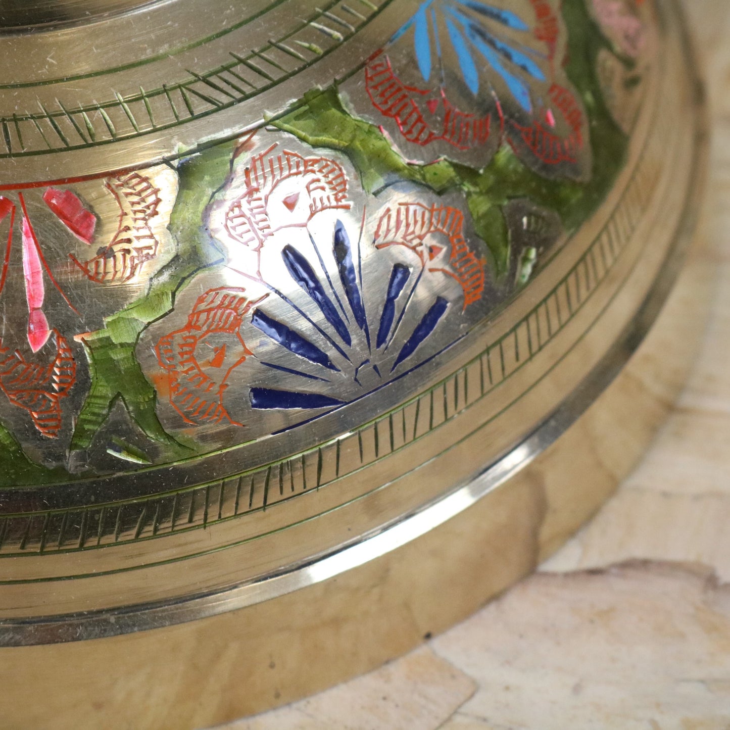 Vintage 92cm Large Brass Vase Hand Painted and Etched - Closeup of Paintwork on Base