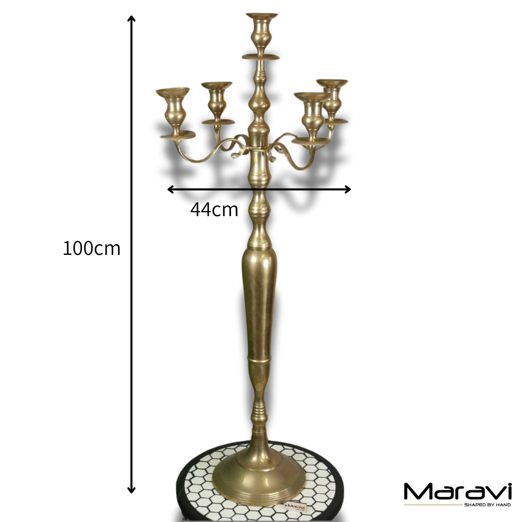 Vintage Brass Candelabra 100cm 5 Candle - Closeup Candle Holder without Candle - Dimensions