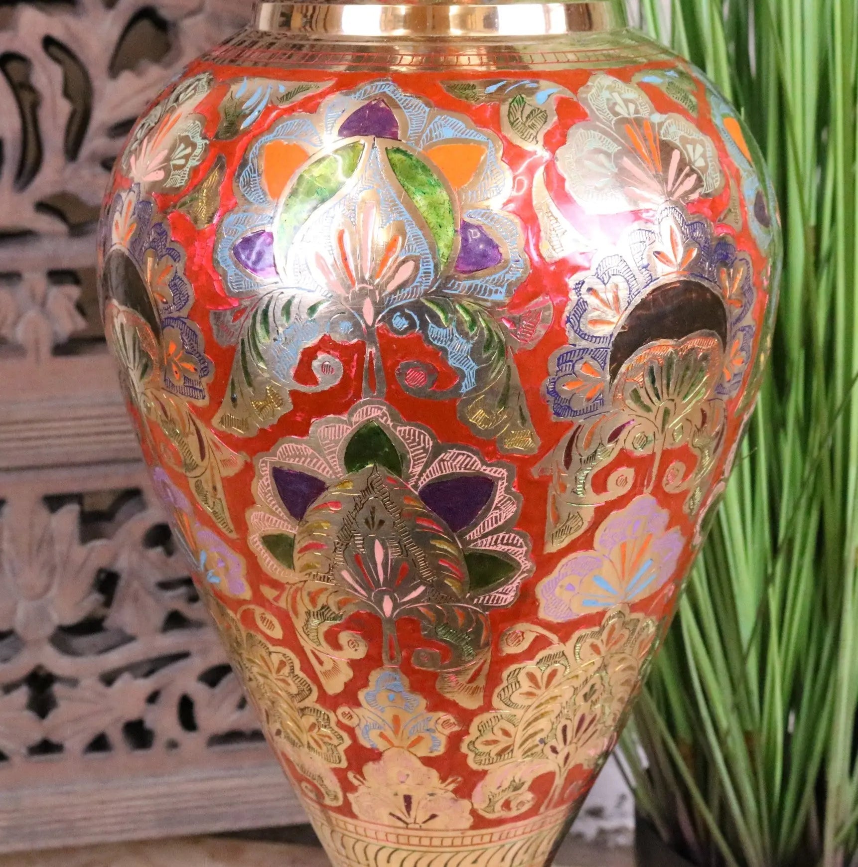 Vintage Brass Vase 92cm Large Hand Painted and Etched - Closeup of Mid Section