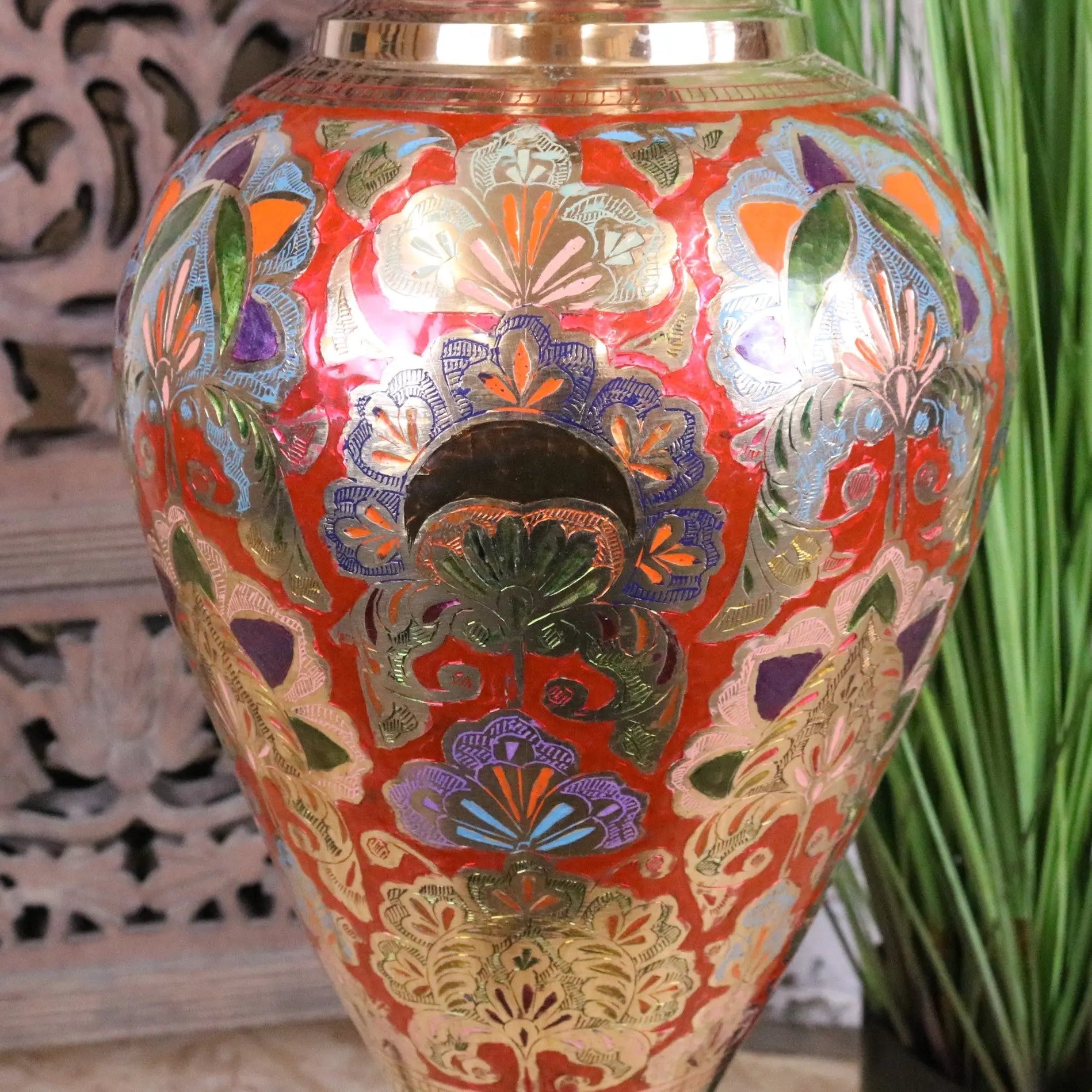 Vintage Brass Vase 92cm Large Hand Painted and Etched - Closeup of Mid section 2