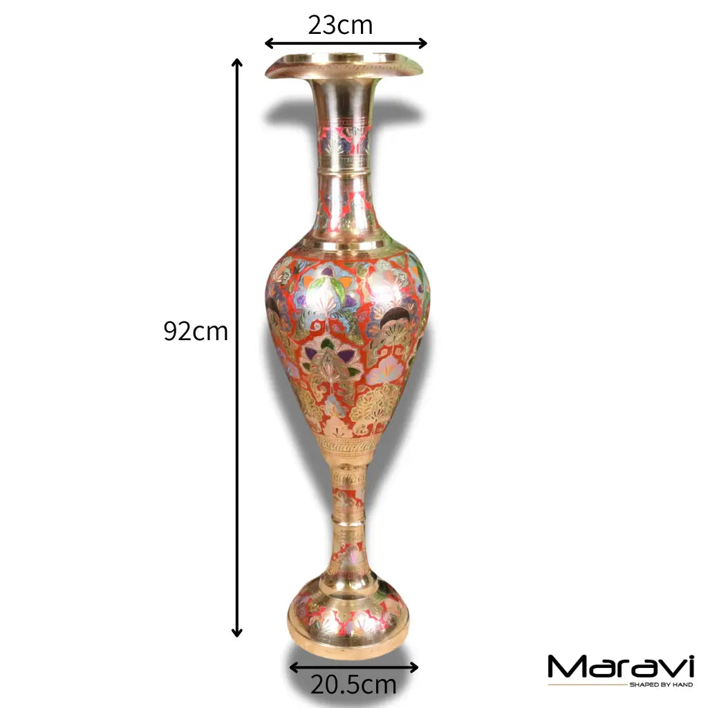 Vintage Brass Vase 92cm Large Hand Painted and Etched - Dimensions