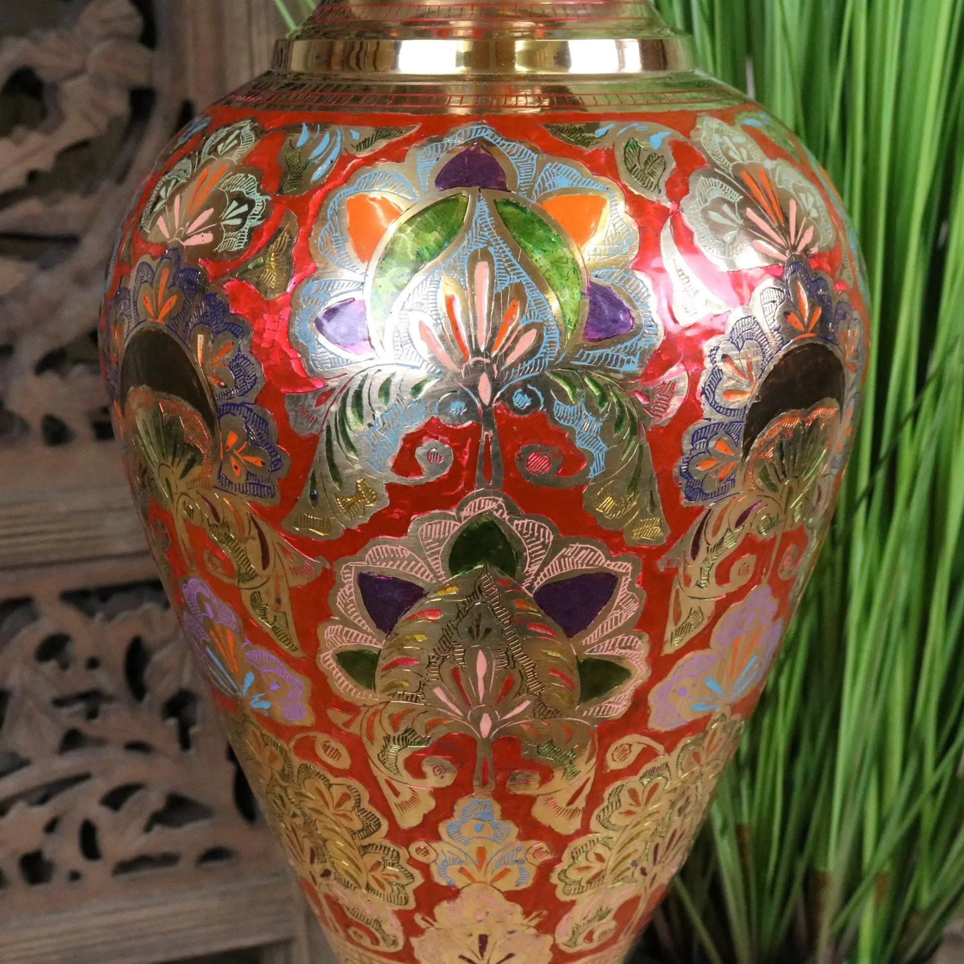 Vintage Brass Vase 92cm Large Hand Painted and Etched - Mid Section