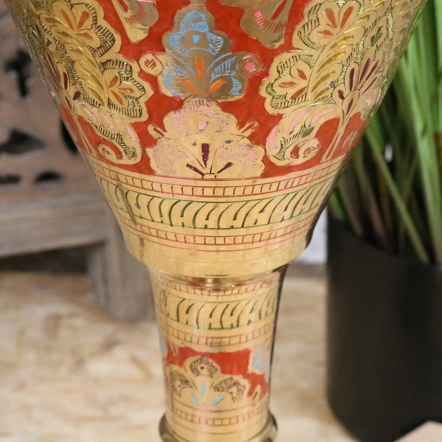 Vintage Brass Vase 92cm Large Hand Painted and Etched - Closeup of Paintwork