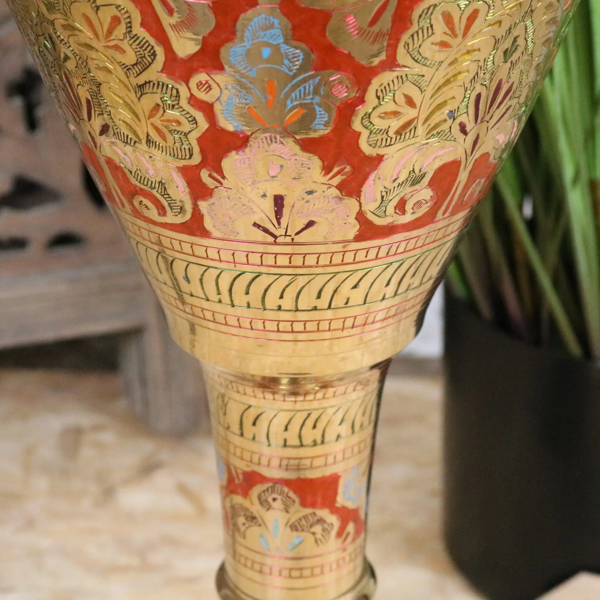 Vintage Brass Vase 92cm Large Hand Painted and Etched - Closeup of Paintwork