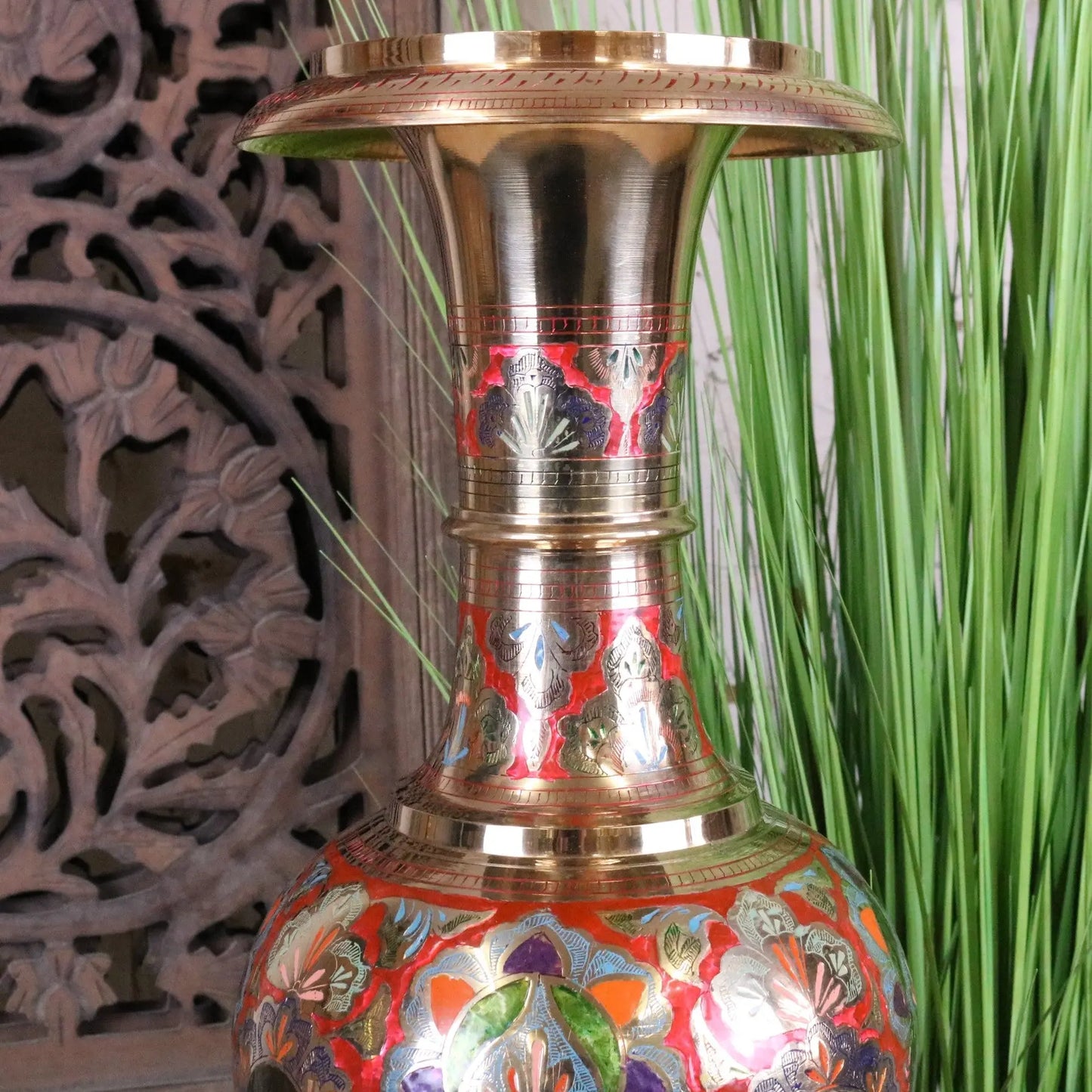 Vintage Brass Vase 92cm Large Hand Painted and Etched - Top Half