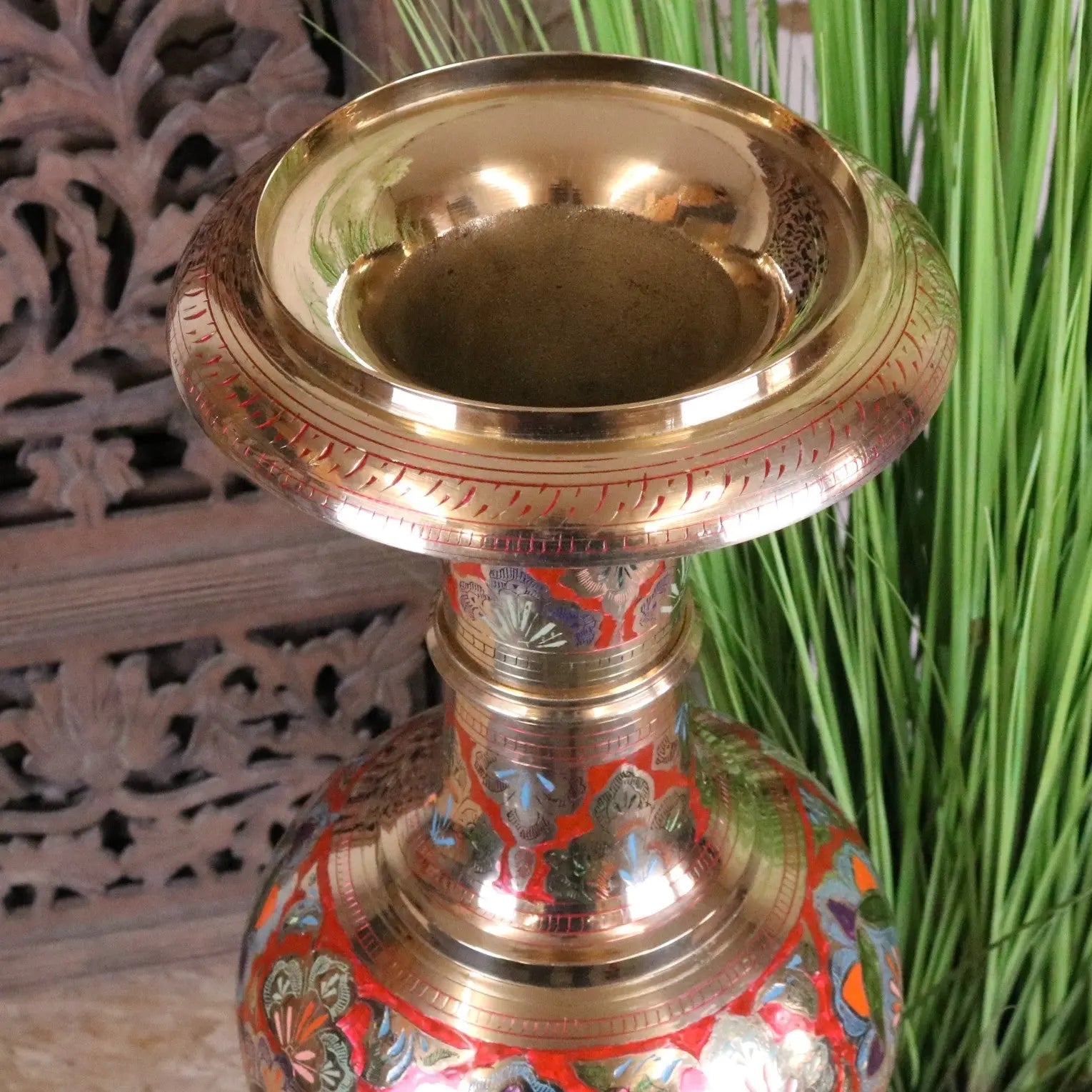 Vintage Brass Vase 92cm Large Hand Painted and Etched - RIm Closeup