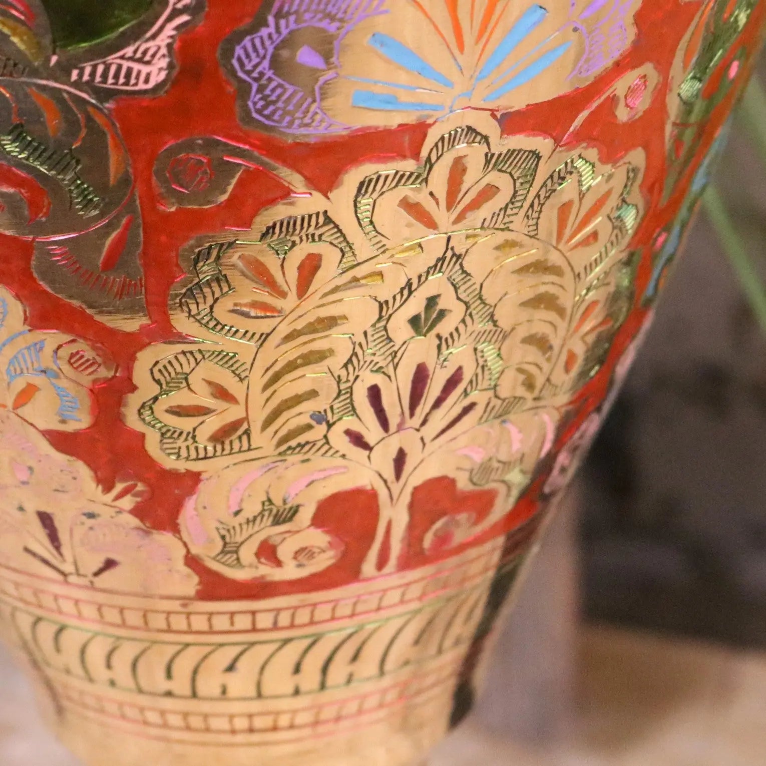 Vintage Brass Vase 92cm Large Hand Painted and Etched - Closeup of Paintwork 2