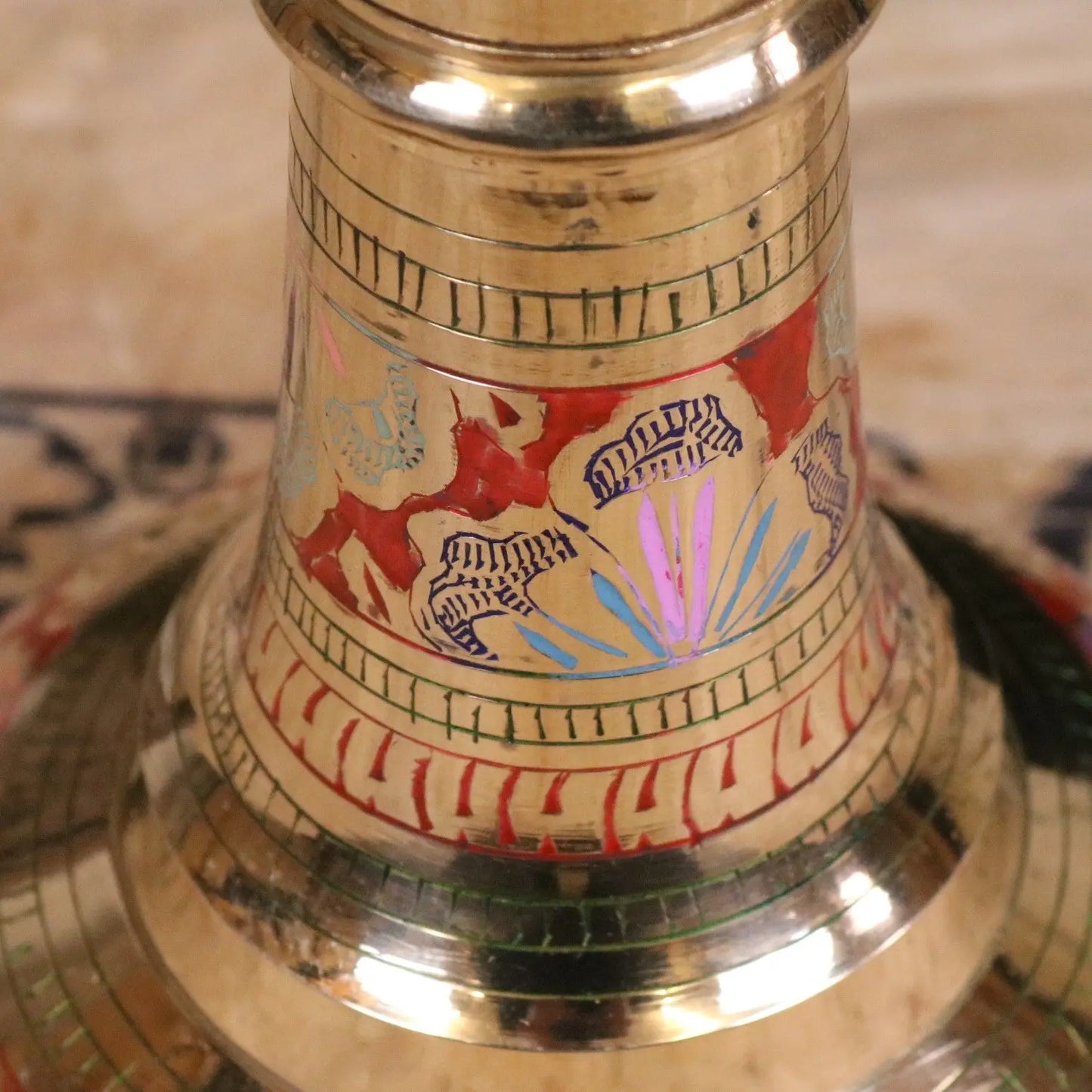Vintage Brass Vase 92cm Large Hand Painted and Etched - Closeup of Etching