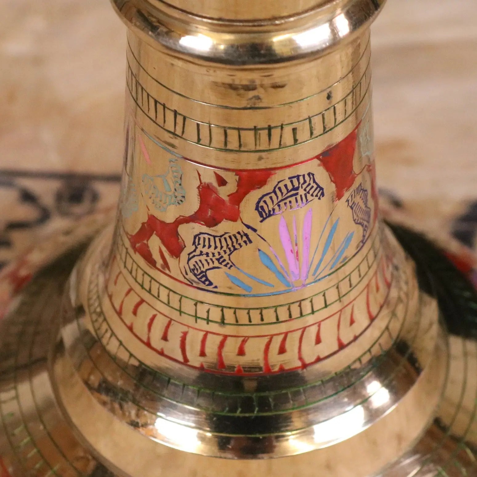 Vintage Brass Vase 92cm Large Hand Painted and Etched - Closeup of Etching