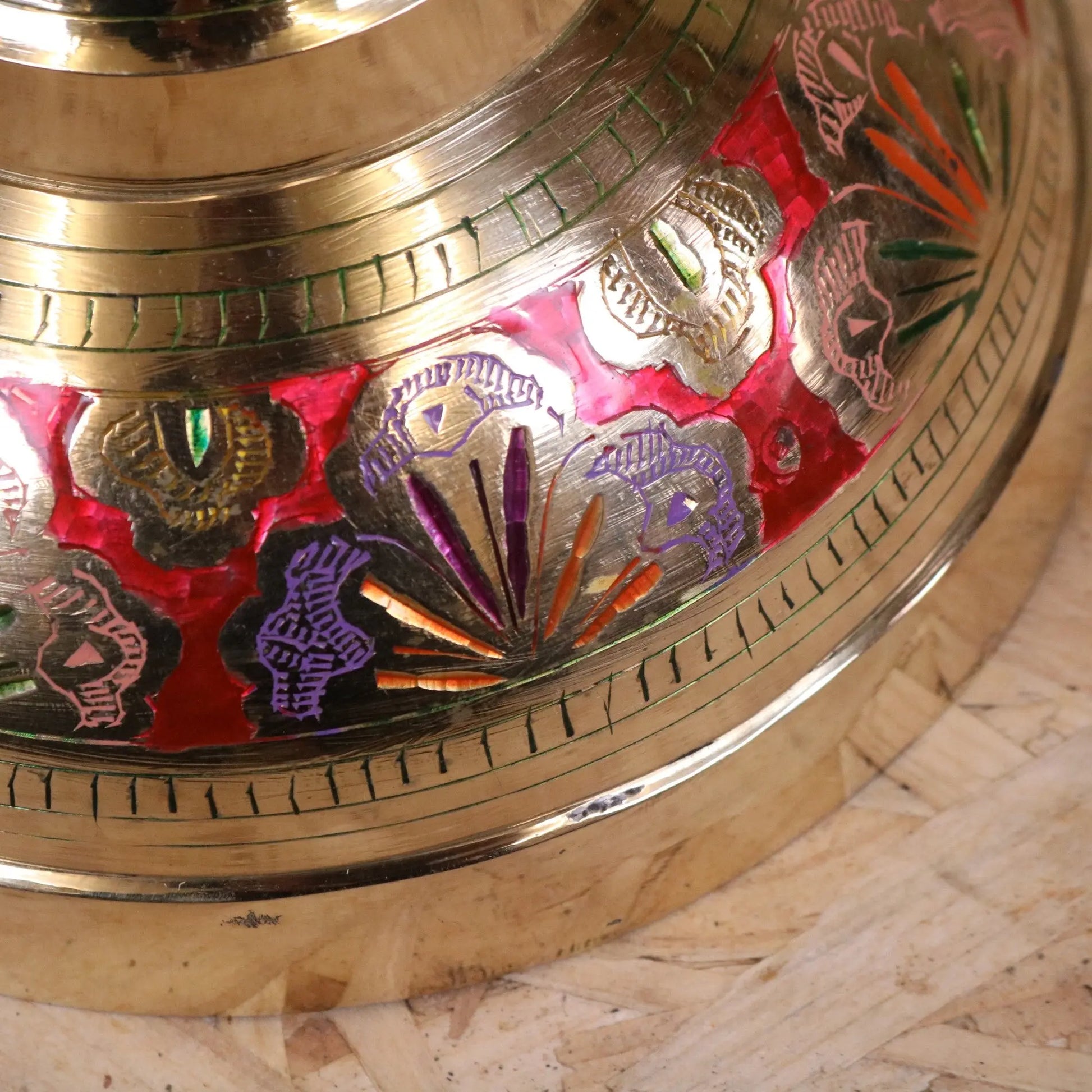 Vintage Brass Vase 92cm Large Hand Painted and Etched - Closeup of Base
