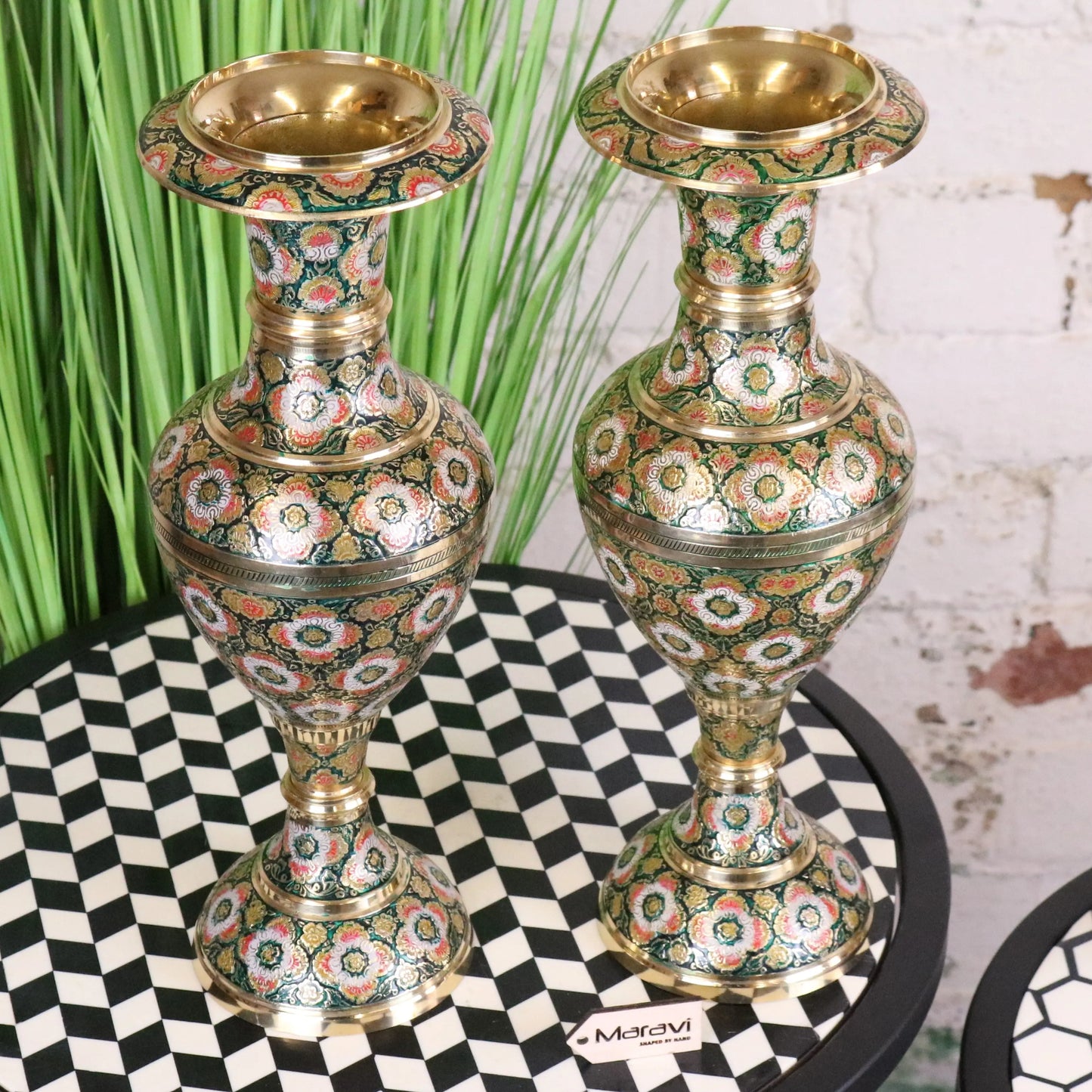 Vintage Brass Vase Pair 38cm Hand Painted and Etched - Main Image