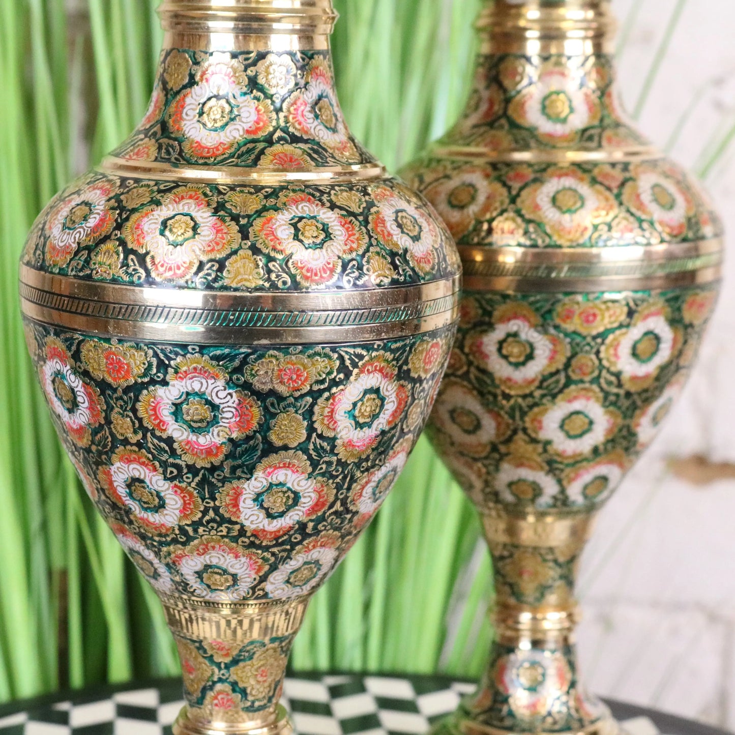 Vintage Brass Vase Pair 40cm Hand Painted and Etched - Closeup of Middle Section