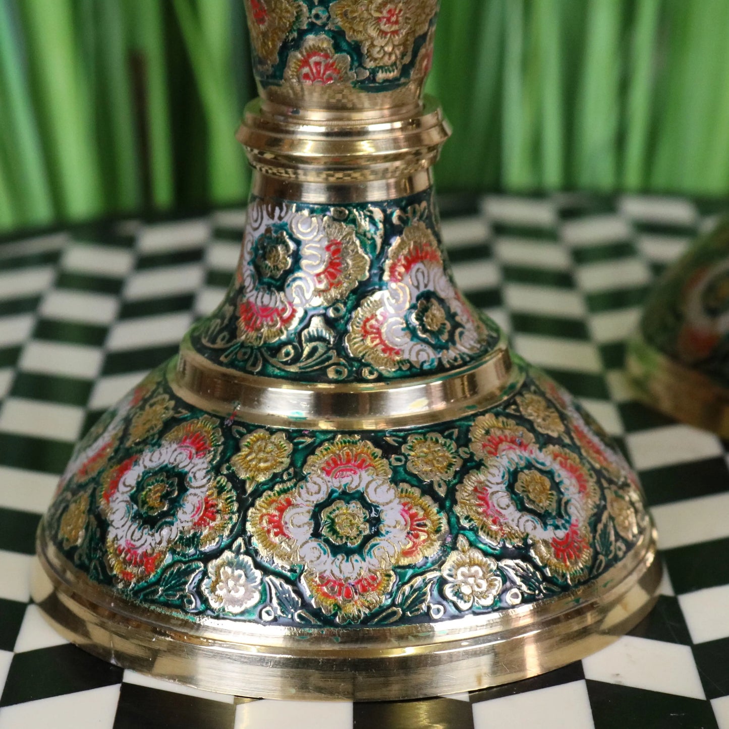 Vintage Brass Vase Pair 38cm Hand Painted and Etched - Closeup of Base 2