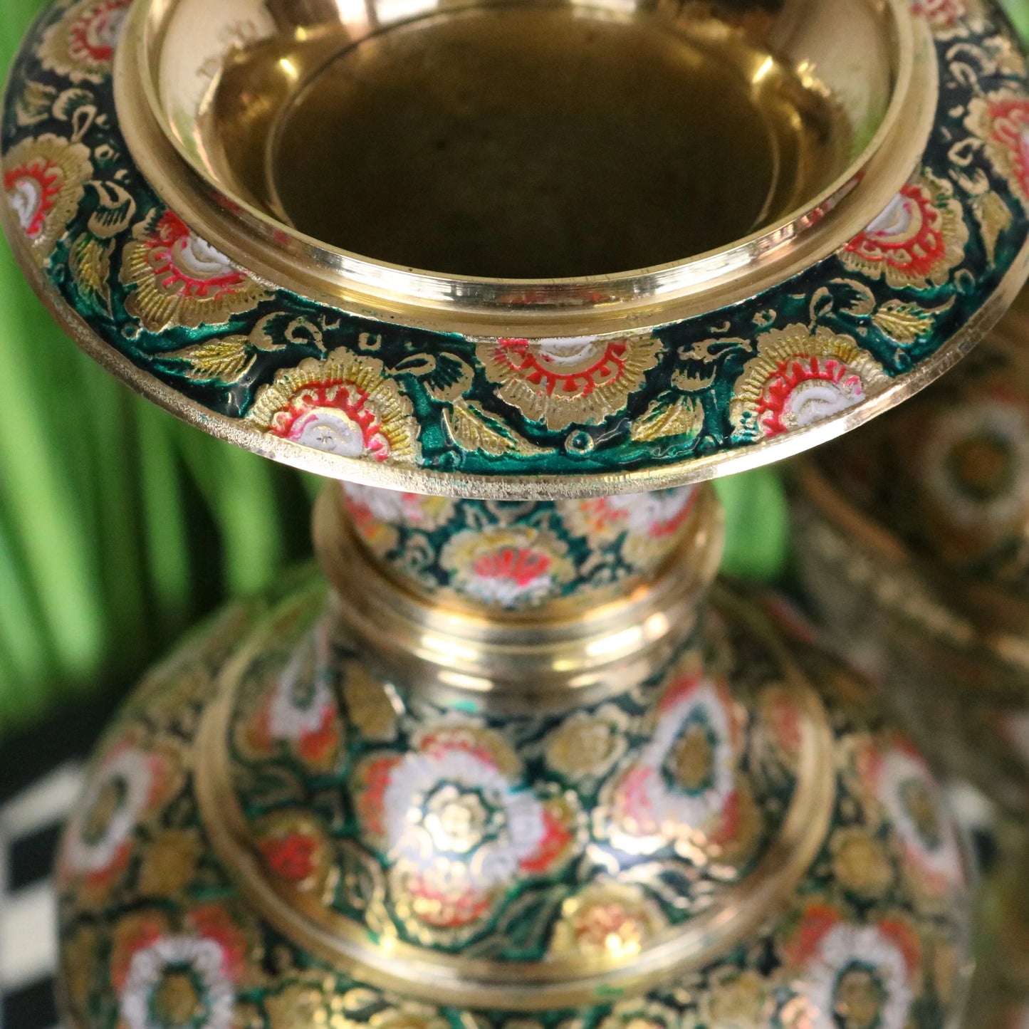 Vintage Brass Vase Pair 38cm Hand Painted and Etched - Closeup of Rim