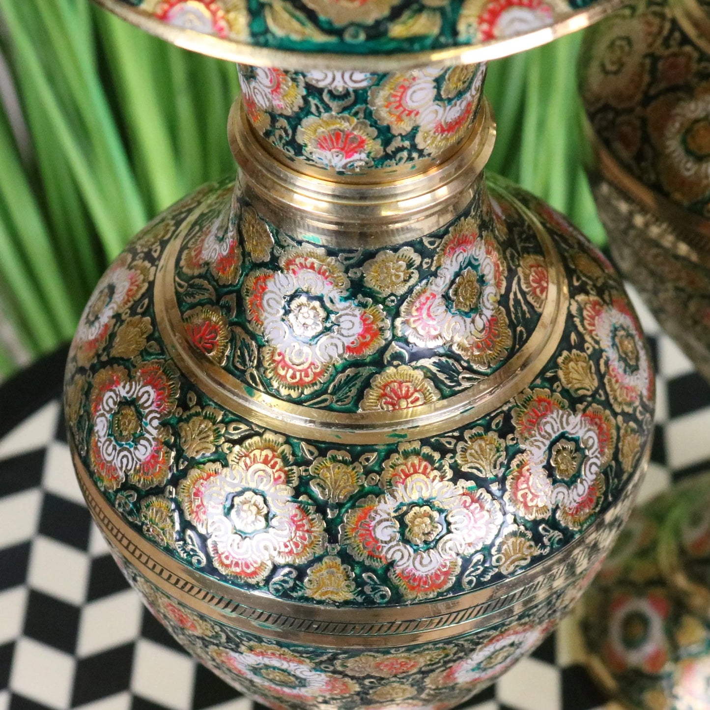 Vintage Brass Vase Pair 38cm Hand Painted and Etched - Angled Top View of Body of Vase