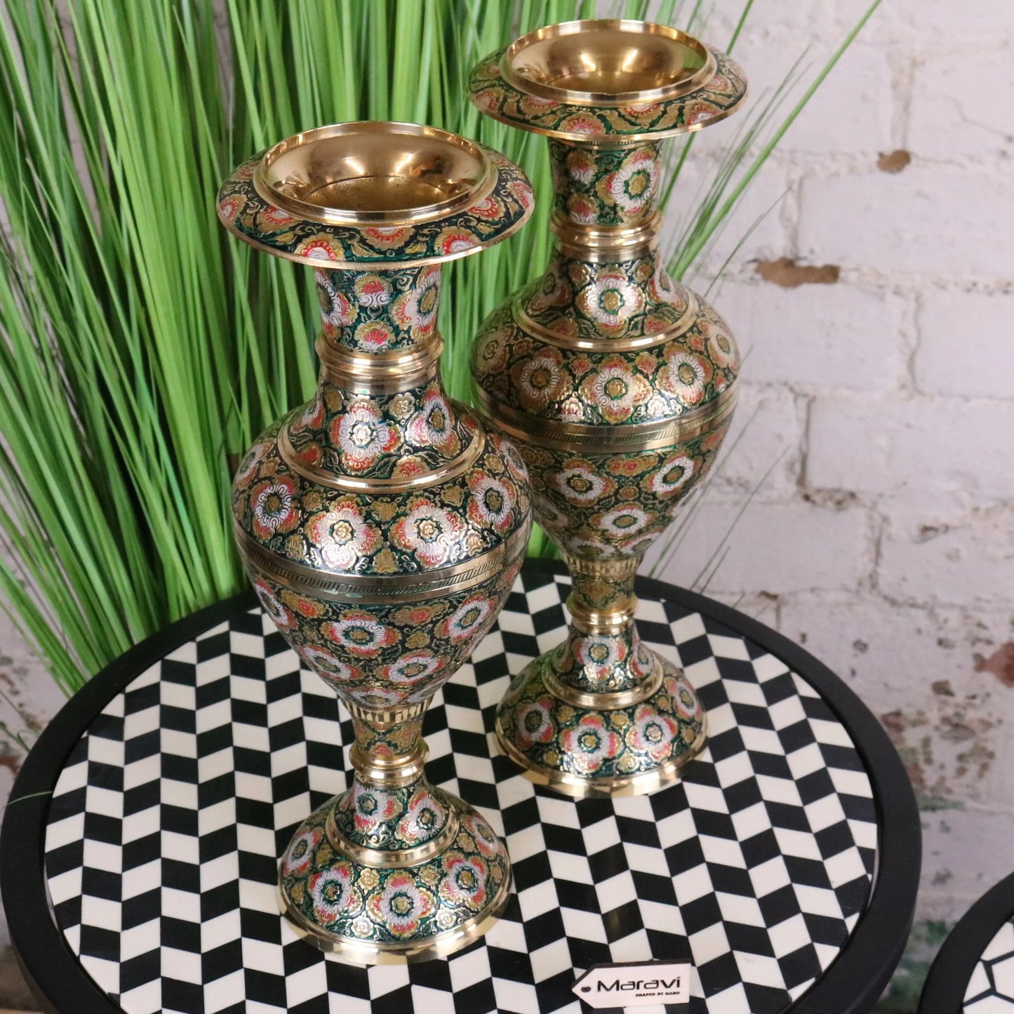 Vintage Brass Vase Pair 38cm Hand Painted and Etched - Staggered View