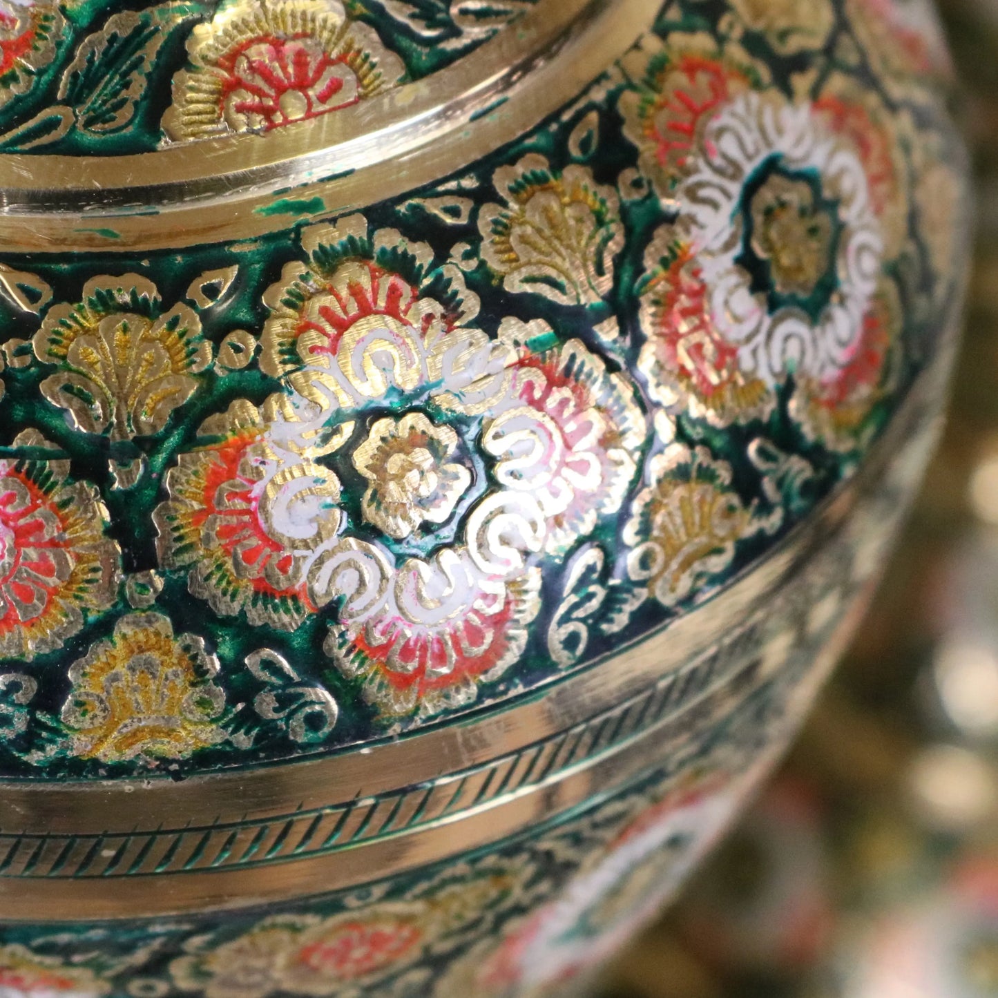 Vintage Brass Vase Pair 38cm Hand Painted and Etched - Closeup of Etching and Paint