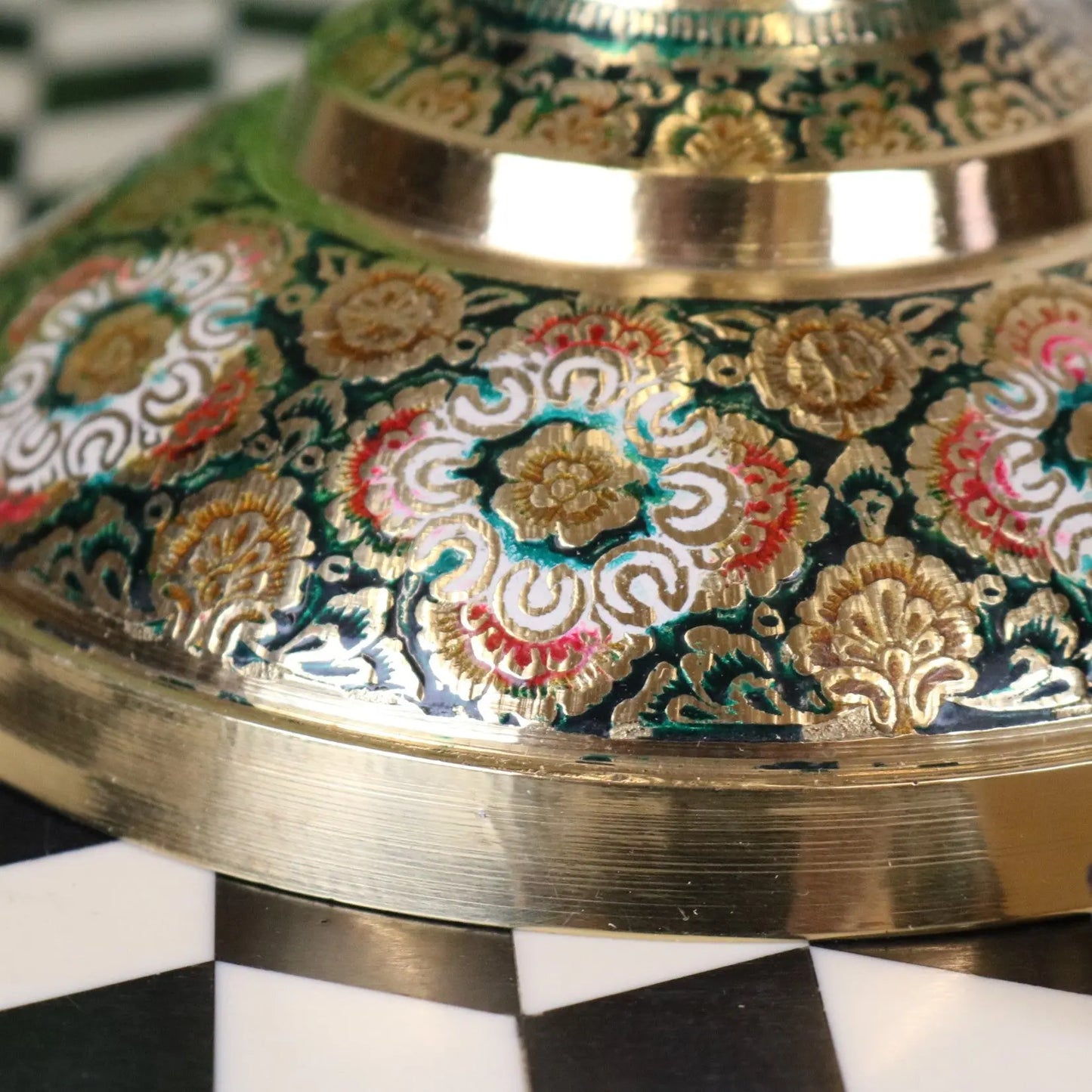 Vintage Brass Vase Pair 45cm Hand Painted and Etched - Green Vase Etching Closeup