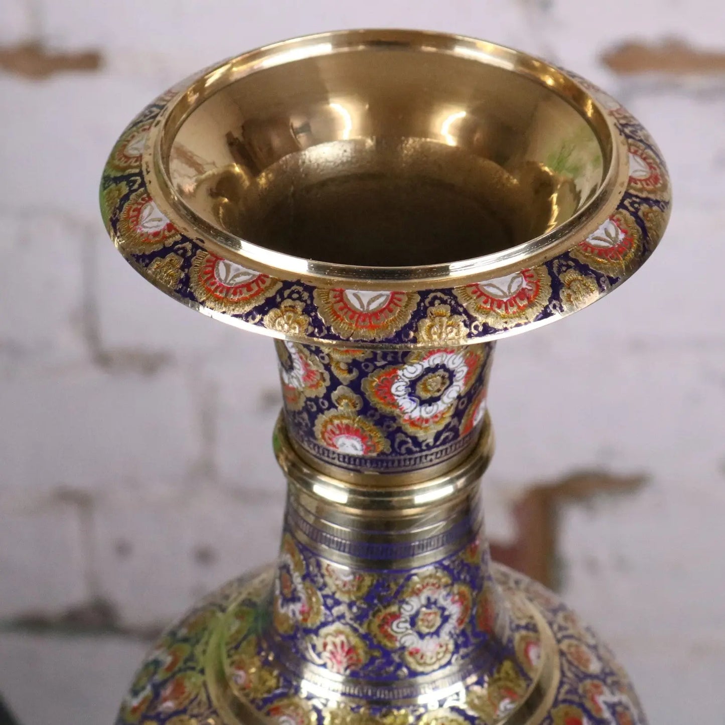 Vintage Brass Vase Pair 45cm Hand Painted and Etched - Blue Vase Top Half