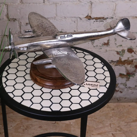 Vintage Spitfire Model Metal on Wooden Base - Angled Top View