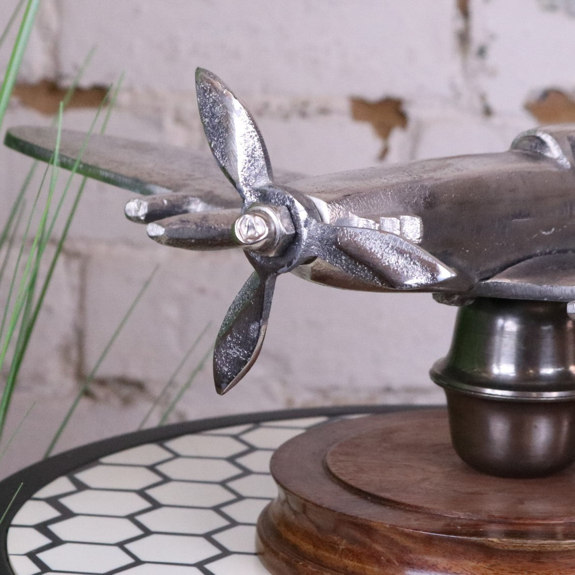 Vintage Spitfire Model Metal on Wooden Base - Closeup of Propeller