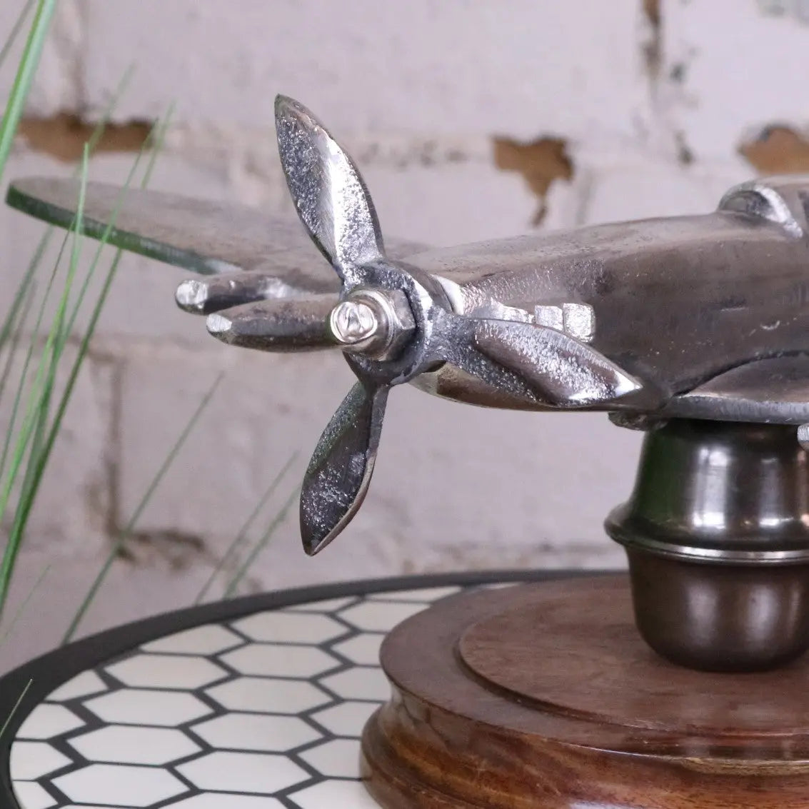 Vintage Spitfire Model Metal on Wooden Base - Closeup of Propeller