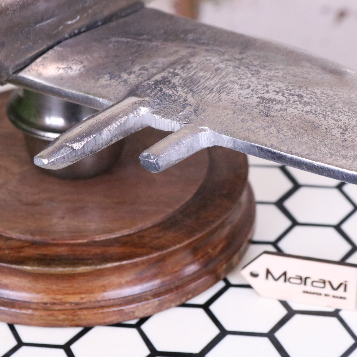 Vintage Spitfire Model Metal on Wooden Base - Closeup of Wing