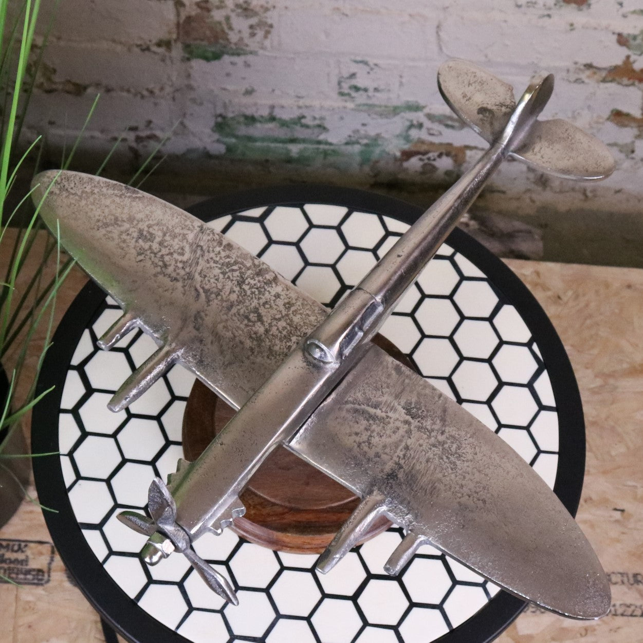 Vintage Spitfire Model Metal on Wooden Base - Top View
