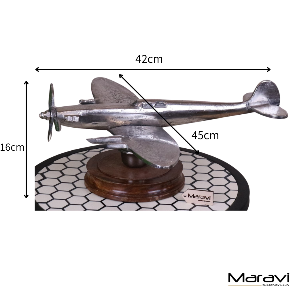 Vintage Spitfire Model Metal on Wooden Base - Dimensions