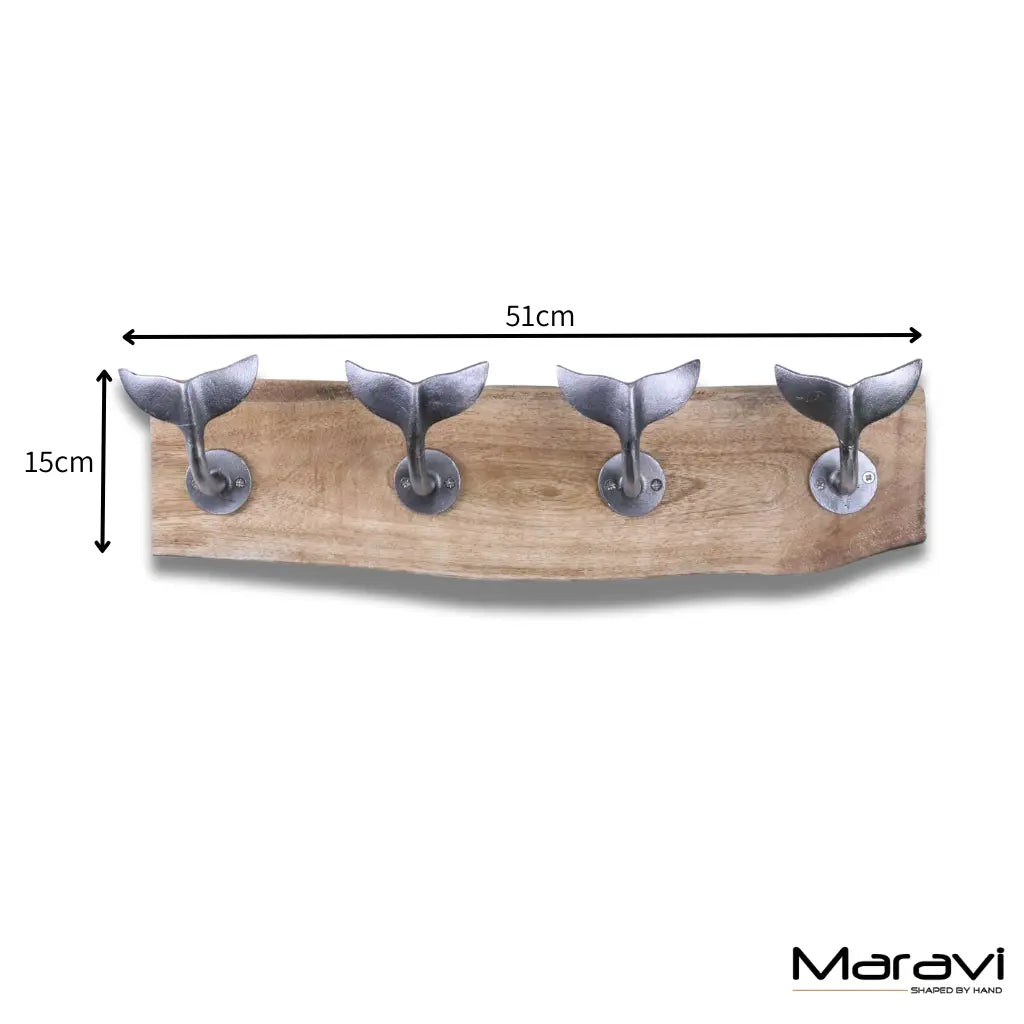 Whale Tail Hooks on Natural Wood Plank Silver - Dimensions