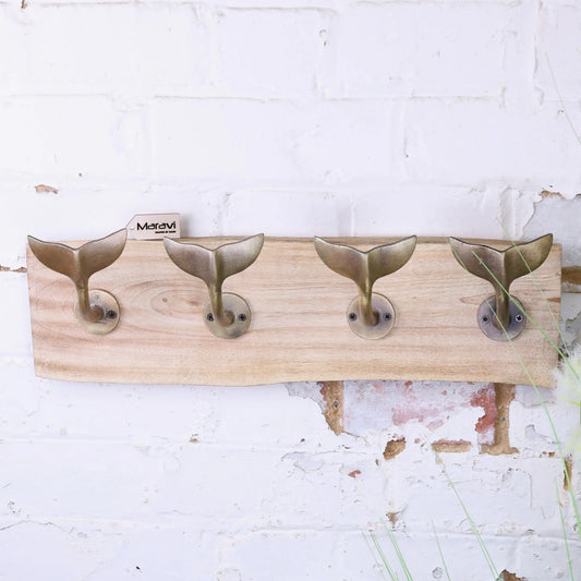 Whale Tail Hooks on Natural Wood Plank Gold - Main Image