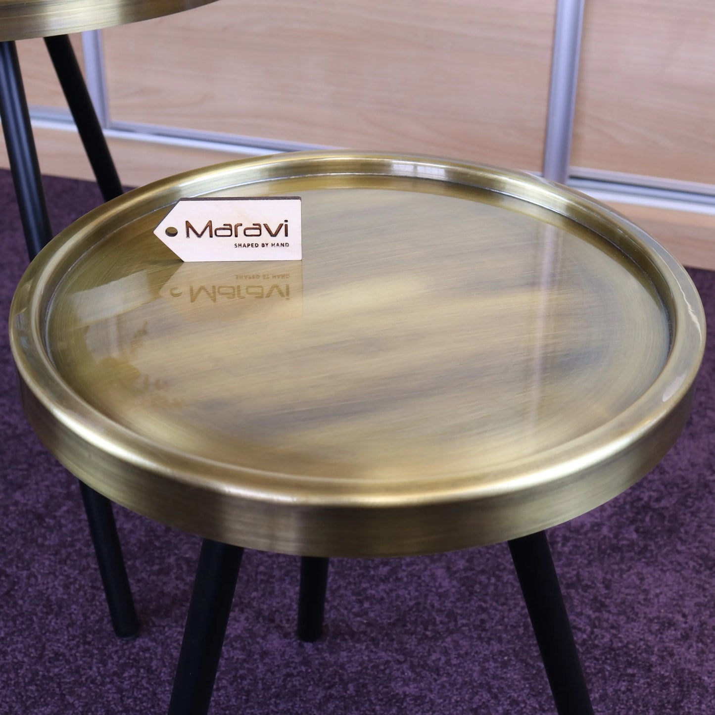 Ari Set of 2 Round Gold Side Tables Tripod Legs Table Top Closeup